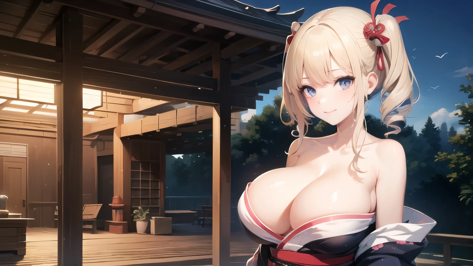 (((masterpiece, best quality))), (((superior quality))), cute girl, ((extremely detailed girl)), ((huge breasts)), (yukata), (bare shoulders), strapless top, slight smile, twin tail blonde
