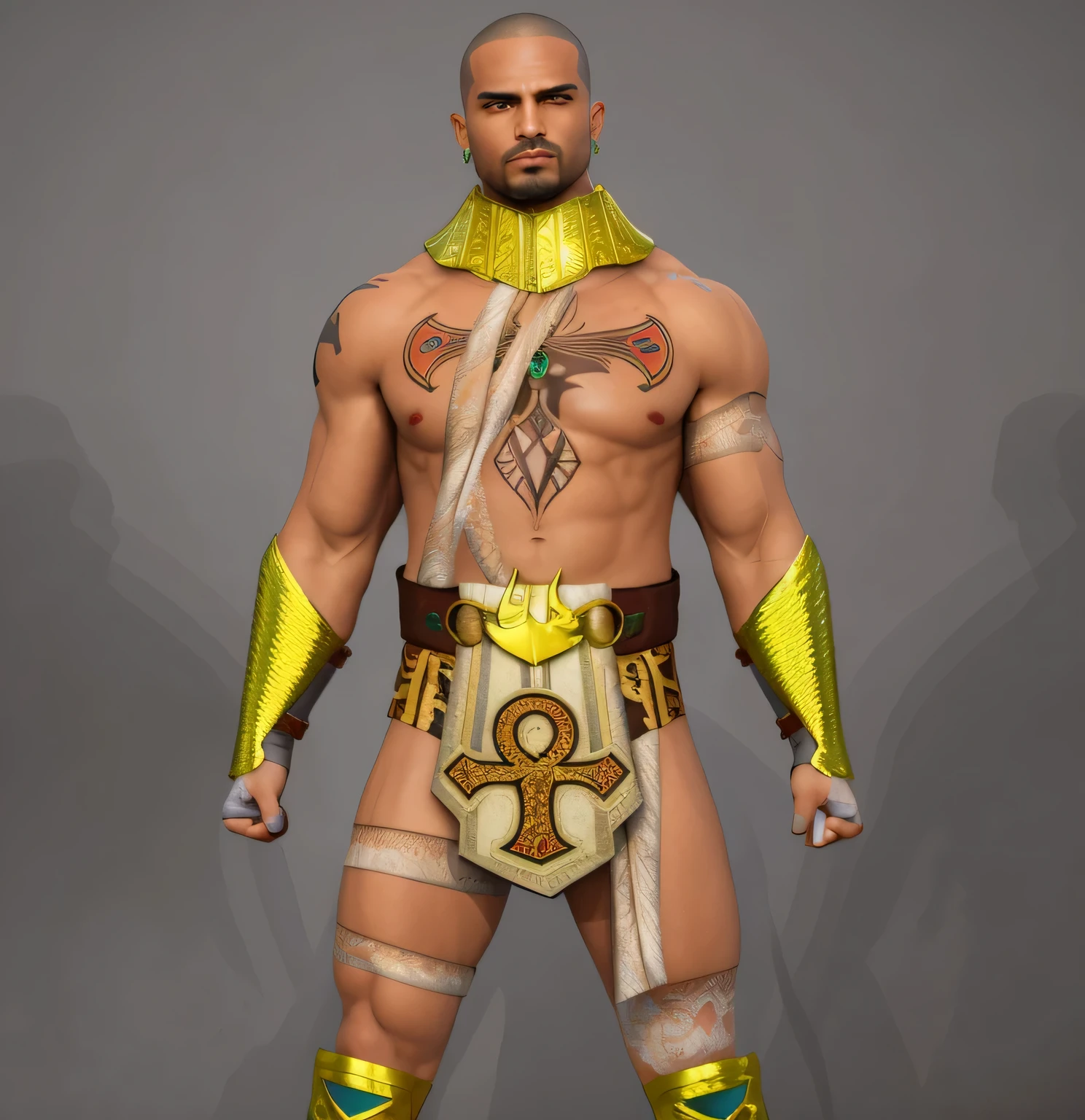 ((masterpiece, best quality)),a close up of a egyptian man with a tattoo of a ankh on his chest, wrestling tights, male with no shirt, mummy wrapping on body, loincloth with golden ankh ,gold arm braces and gold neck band wih hyroglypth, golden boots wth blue jewel, wrist tappharaoh clothes, egyptian warrior, male character, hyperdetailed fantasy character, highly detailed character, djinn man male demon, desert fighter ancient mage, inspired by Volkan Baga, warrior outfit, photo realistic, intricate details