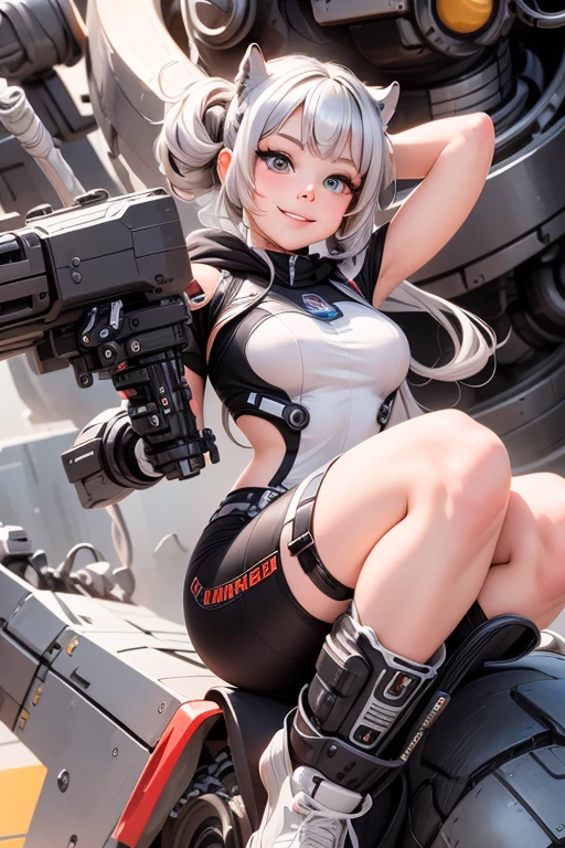 Beautiful Face,, From Back, 1 Woman, Curvaceous, Top Quality, Masterpiece, Ultra Detailed, ((((Bikini Cyborg Robot Parts)))), (Light Grey Hair), Long Hair, Wavy Hair, Twin Tails, Medium Shot, (((Seductive Smile)), (Black Eyes), Princess Cut, (Cowboy Shot),Squatting,Spread Your Legs,