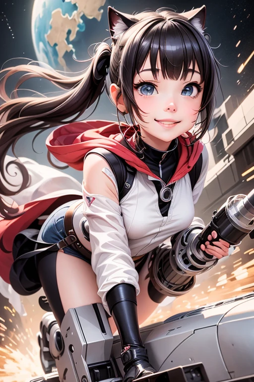 masterpiece, best quality, a cute girl smiling, intergalactic hero, science fiction, riding a mecha, (action:1.2), cloak, (Gatling gun:1.2), glowing, sci-fi environment ,