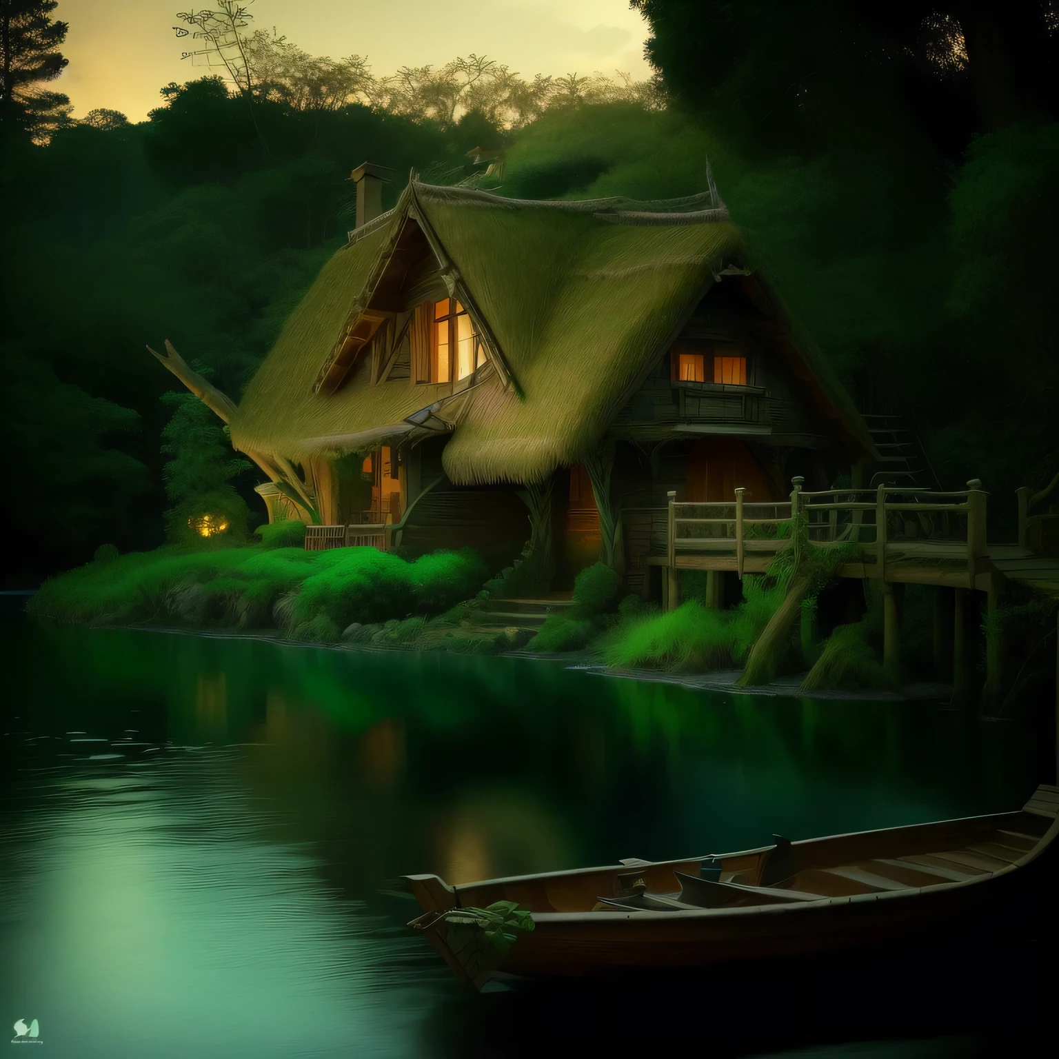 There is a boat that is sitting in the water near a house, idyllic Cabana, casa do lago, realistic fantasy rendering, Cabana, Cabana in the forest, Cabana in the woods, casa de fantasia, dark fantasy setting, fantasy setting, beautiful representation of a fairy tale, wooden Cabana, 3D rendering and matte painting, solitary Cabana in the woods, A pequena casa na floresta