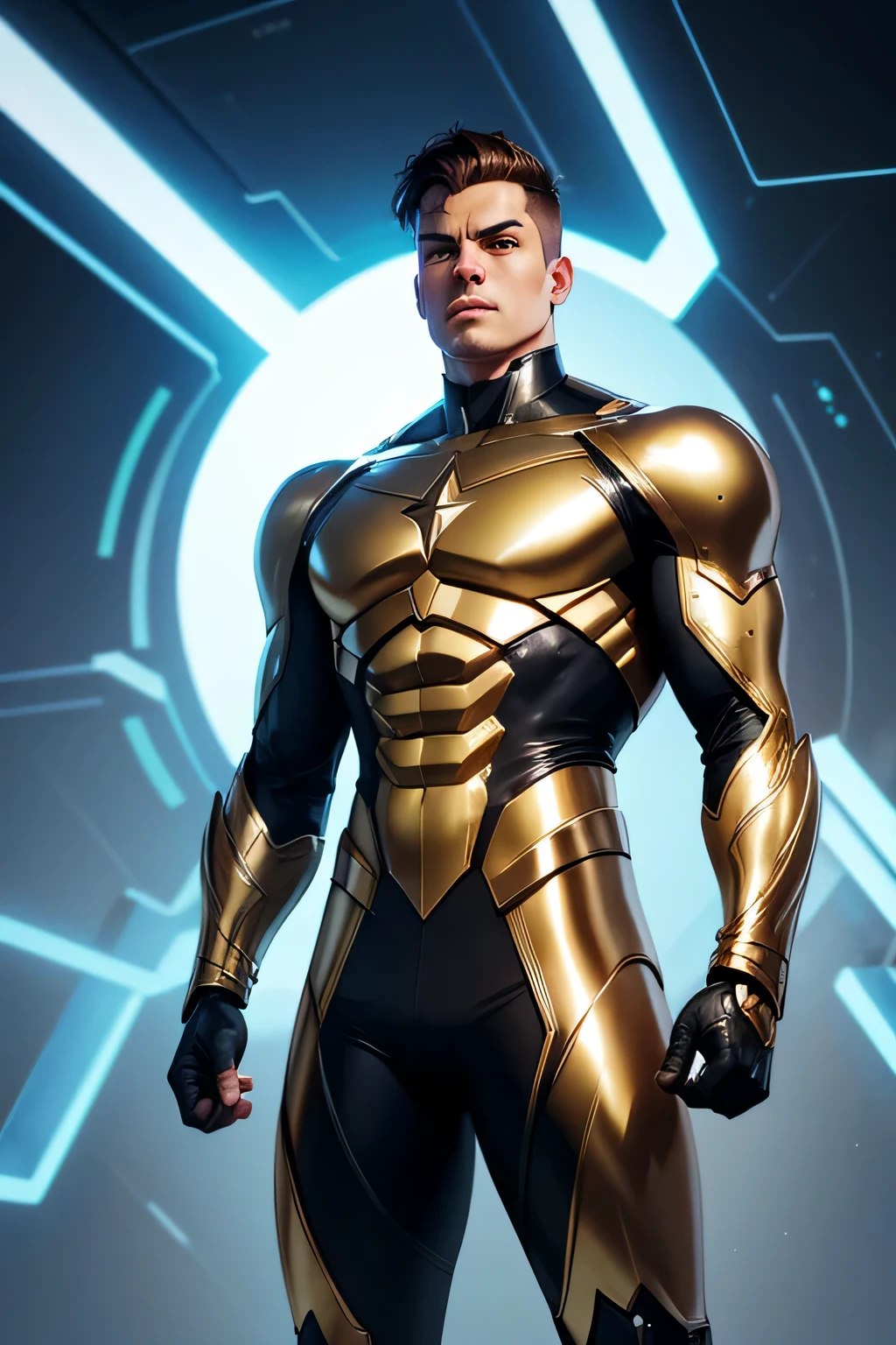 CREATE A METALLIC-THEMED MALE SUPERHERO THAT HAS METAL BODY PARTS LIKE AN ANDROID
