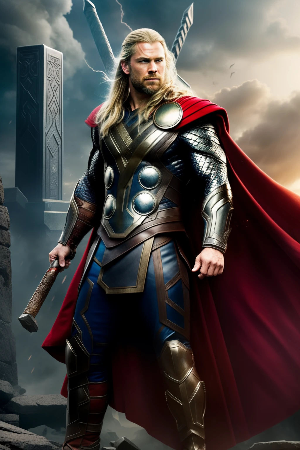 A detailed and lifelike digital artwork of Thor, the mighty Marvel superhero, depicted in a heroic pose, grasping his iconic hammer, Mjölnir. The artwork showcases Thor wearing formidable medieval armor, exuding a sense of power and strength. Set against a medieval background, the image creates an immersive atmosphere, transporting viewers to a time of epic battles and mythical adventures. The high-resolution rendering captures every intricate detail of Thor's armor, highlighting the craftsmanship and attention to detail. The lighting and shading techniques used in this artwork create a dramatic and moody ambiance, adding depth to the composition. With its photorealistic quality and vibrant colors, this 8K masterpiece brings Thor to life, making it a perfect choice for fans of the