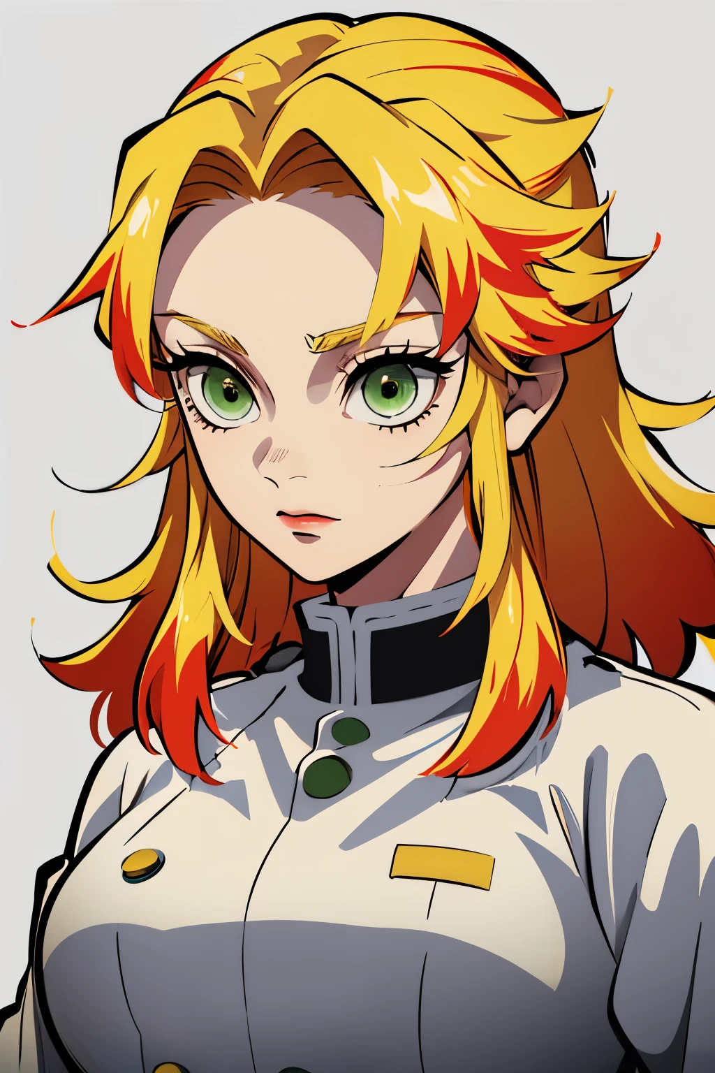 White young woman, Yellow hair with red details in her hair, Medium hair, Green eyes, neutral face, Linda, Sword, demon slayer uniform, red highlights in hair