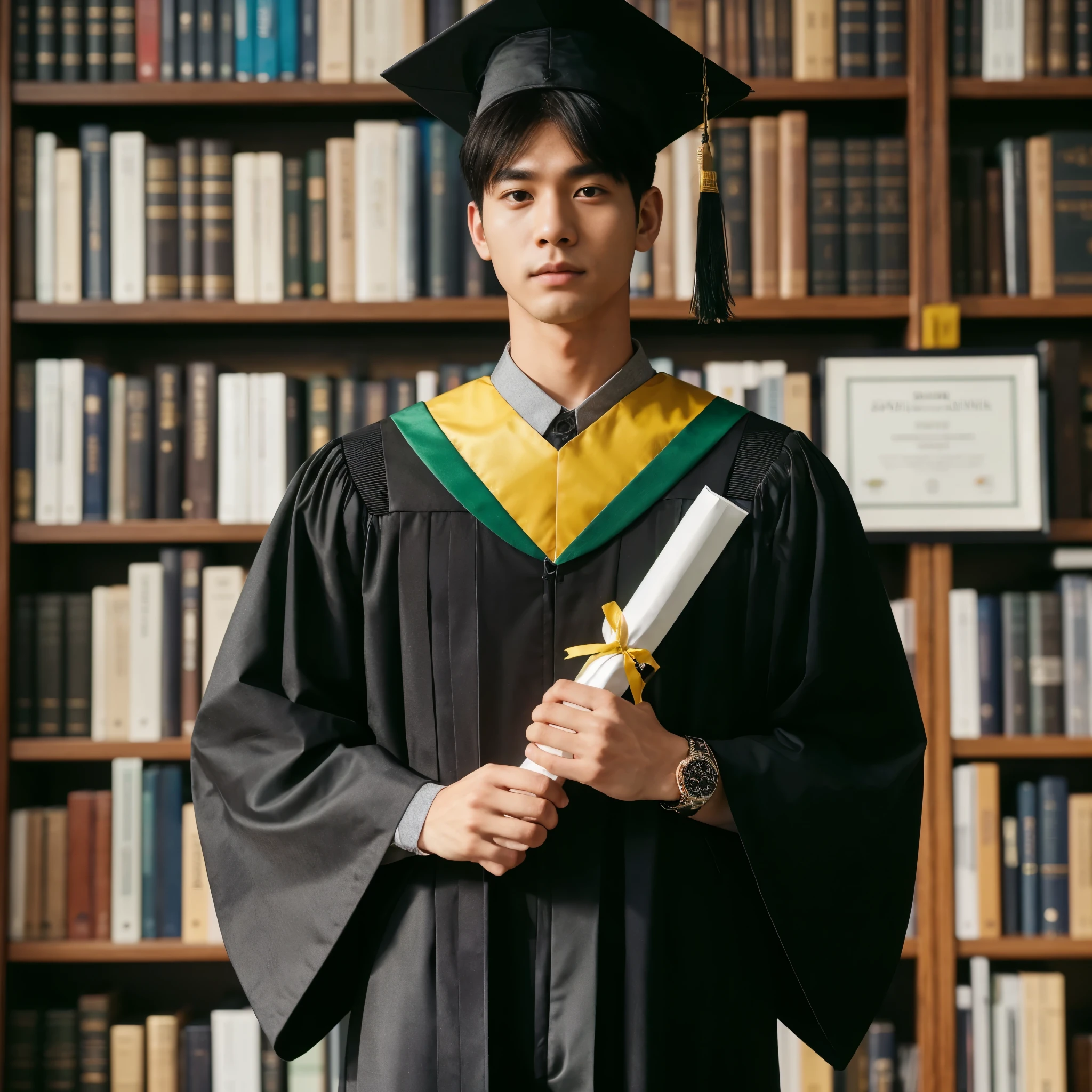 Generate IMG, Fullbody shot, a 25 year old man, Korean man, fit body, wearing graduation attire and toga, wearing a graduation collar, wearing a yellow and green samir, black formal trousers, shiny black loafers, holding a roll of certificates, standing, eye to library bookshelf background camera. Photography, Photorealistic, hyperrealistic, deep focus, deep photography, full HD, UHD, 8k, high quality, very detailed detail, sharp detail