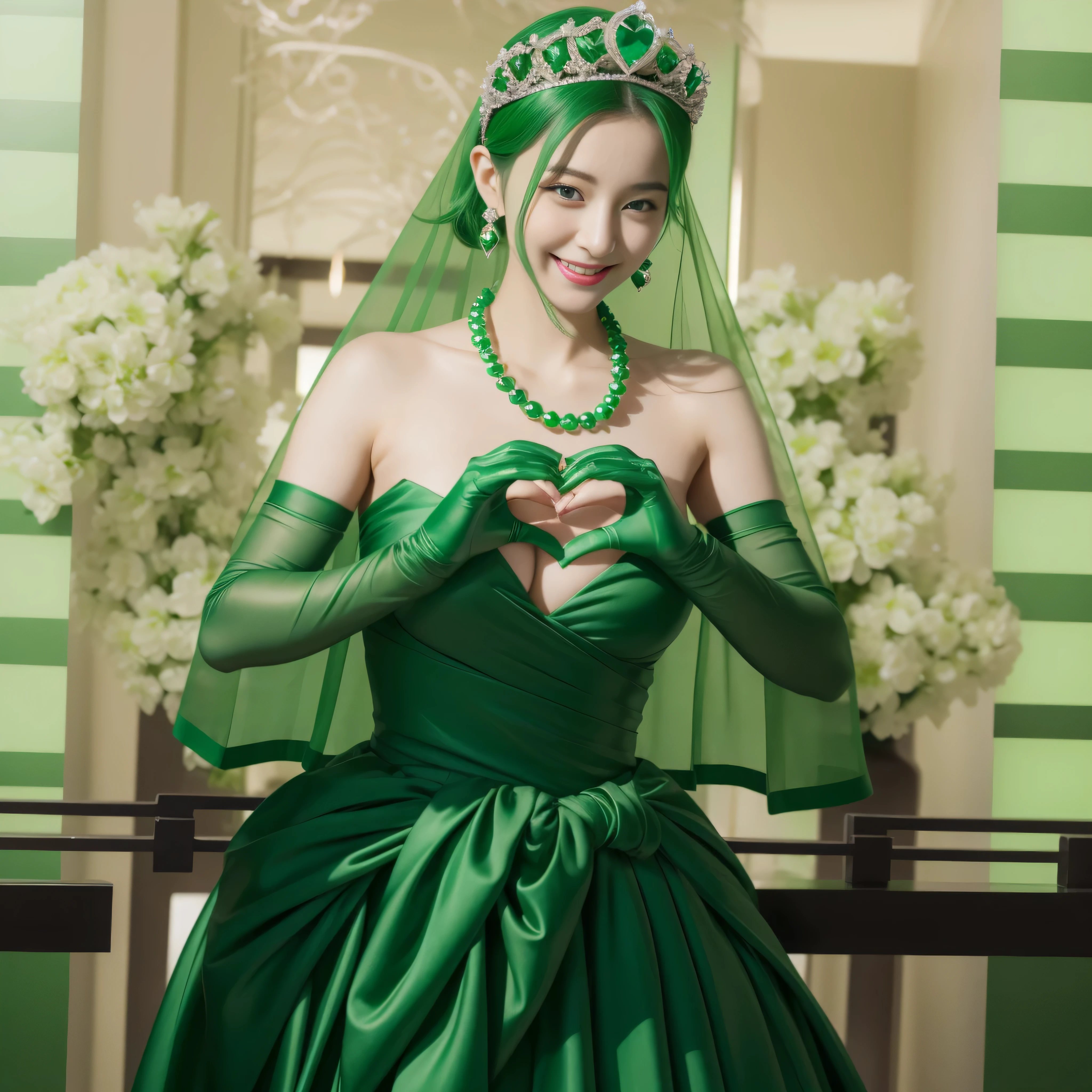 emerald tiara, Green Pearl Necklace, ボーイッシュな非常に短いgreen hair, green lips, smiling Japanese woman, very short hair,  Beautiful woman with big breasts, green eyes, green satin long gloves, green eyes, emerald earrings, Green veil, Heart with both hands, green hair, beautiful japanese woman, heart shaped hands:1.3, green lip gloss