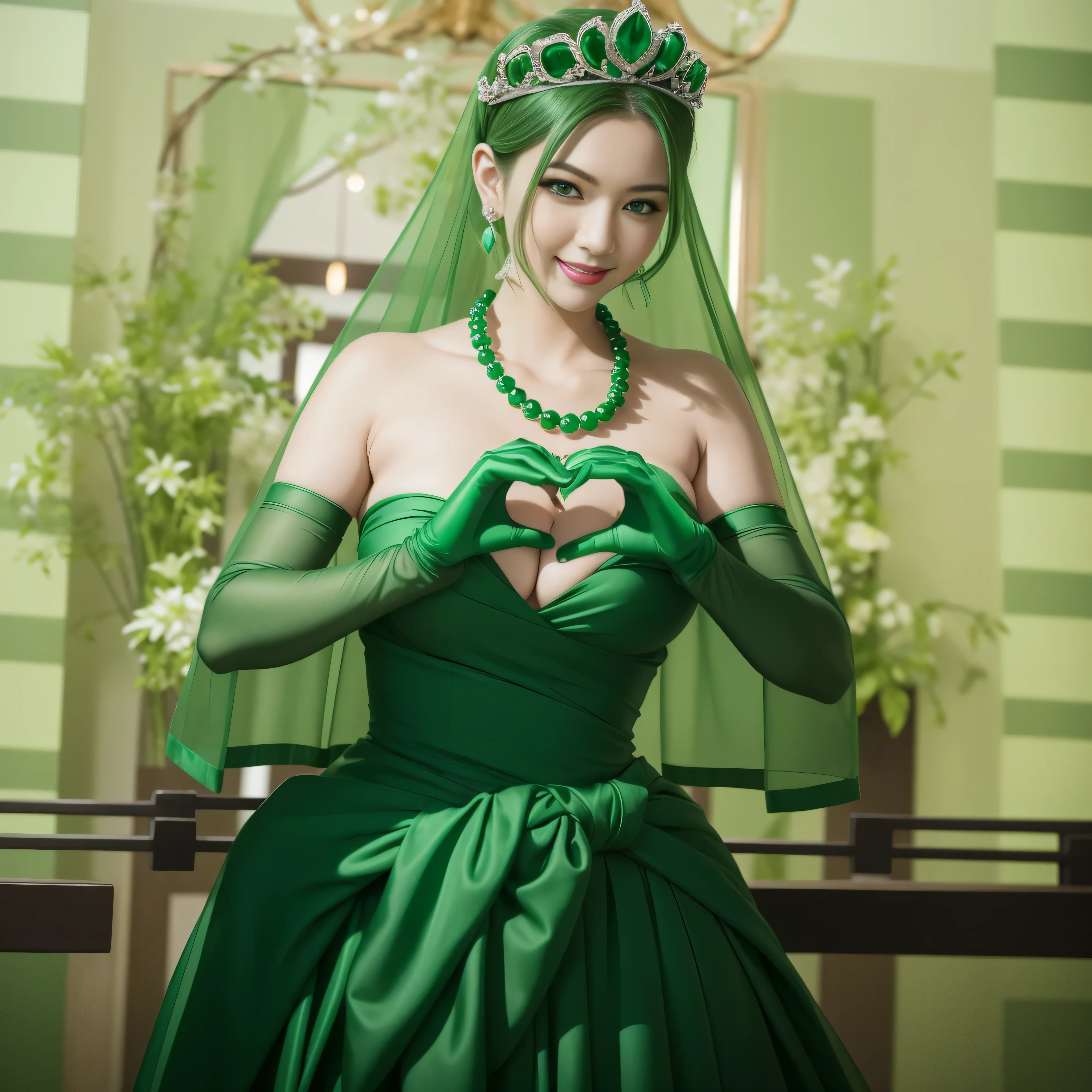 emerald tiara, Green Pearl Necklace, ボーイッシュな非常に短いgreen hair, lipstick, smiling Japanese woman, very short hair, beauty of , green eyes, green satin long gloves, green eyes, emerald earrings, Green veil, Heart with both hands, green hair, beautiful japanese woman, heart shaped hands:1.3, green lip gloss