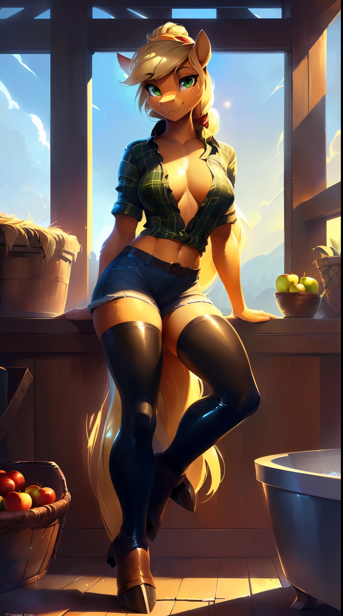 uploaded on e621, by Bayard Wu, by Thomas Benjamin Kennington, by Einshelm, solo anthro, ((Portrait)), ((Wear a green plaid farmer's shirt, jeans tight shorts)), (knee-high latex legwear), (detailed Bonifasko lighting), (Detailed fur), (detailed skin), (Cinematic lighting), ((Detailed background, farm)), (half body shadow), [ambient light on the belly], [explict content], [sharp-focus], (shaded), ((Masterpiece), green eyes, (long hair:1.4), (blonde hair, tied down in a bun), Average Breasts, pectoral muscles, Fluffy pony, MLP, My Little Pony, (Applejack), orange skin, happy, work pony, (fluffy fur), fluffy tights, fluffy chest, furry fantasy art, anthro art, commission for high res, Furry art, pov furry art, Sakimichan is beautiful, Masterpiece, Best Quality, Detailed image, Bright colors, Detailed Face, perfect  lighting, Perfect shadows, Perfect eyes, focus on girl, gorgeous body, Hourglass body, feet focus (hooves in cowboy boots), Fluffy, fluffy girl, Body fur, Animal nose, muzzle, Playful look, half closed eyes, 1girl, full body, Detailed fur, Balanced coloring, ((Long mane, pony tail)), Furry, anthro, (attractive body:1.5), looking at viewer, seductive gaze, seductive posing, perfect legs, (poured with water from a tub), wet clothes, wet skin, wet fur, wet hair