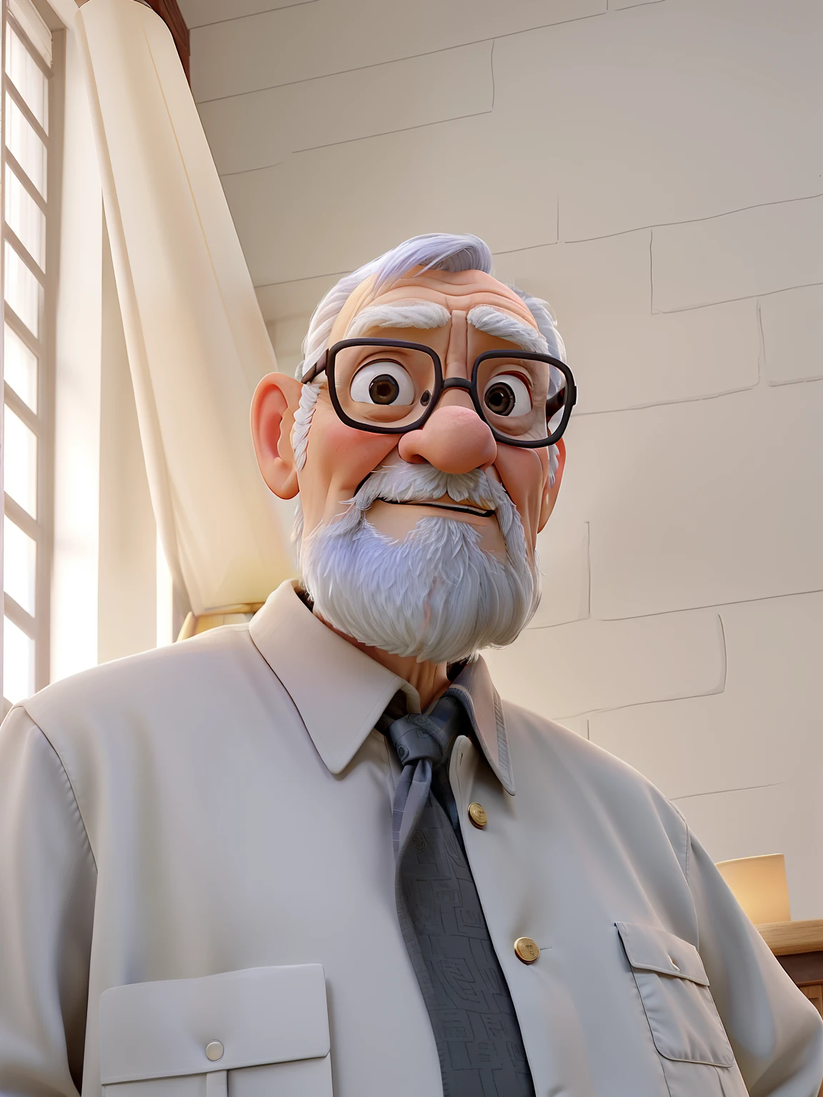 A wise old man standing in front, illuminated by the light of a lamp, tendo como pano de fundo uma biblioteca