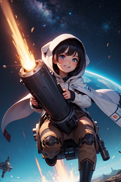 masterpiece, best quality, a cute girl smiling, intergalactic hero, science fiction, riding a mecha, (action:1.2), cloak, (Gatling gun:1.2), glowing, sci-fi environment , 