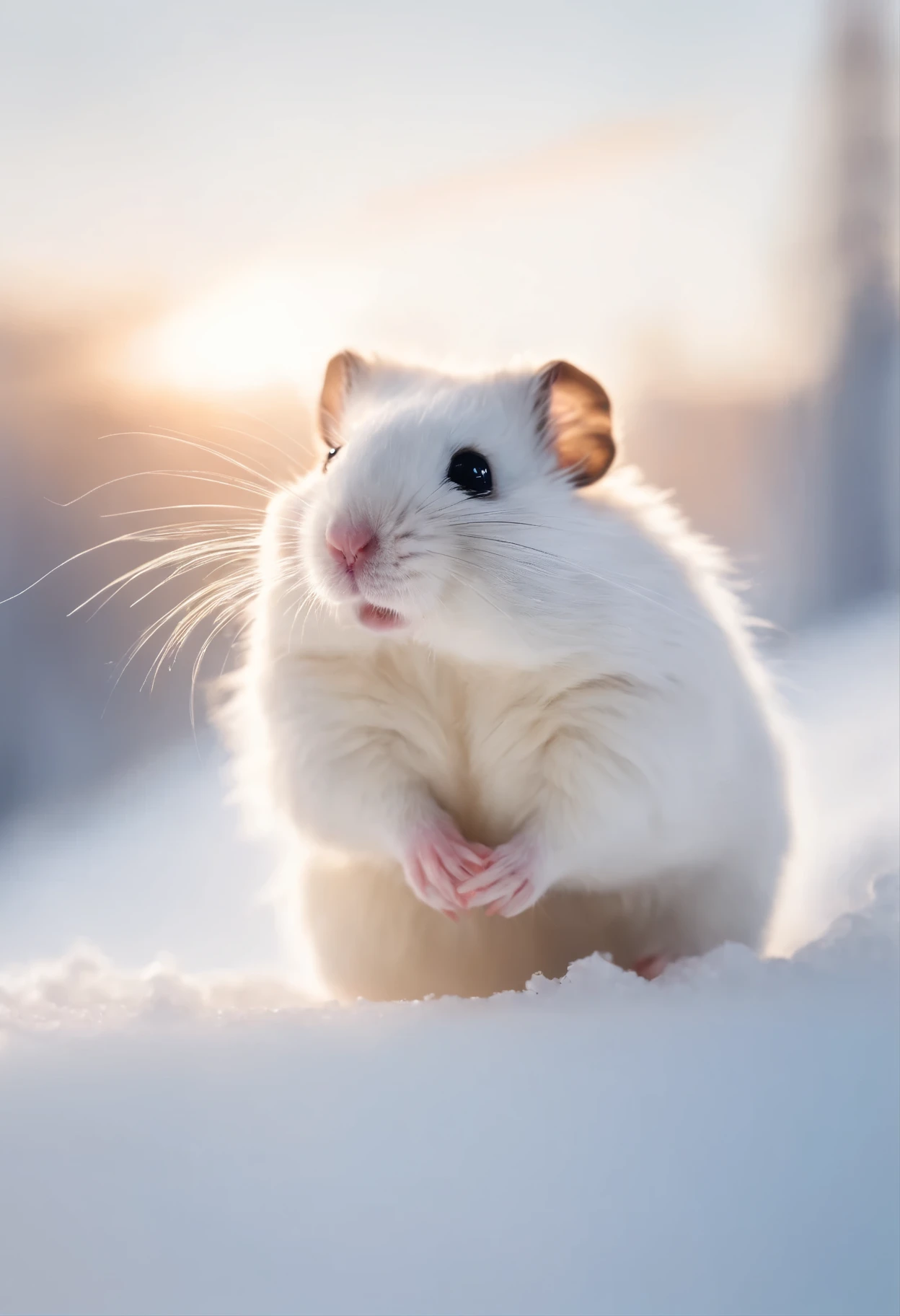 Small hamster,adolable,White hair。mole。skiing, snowy background