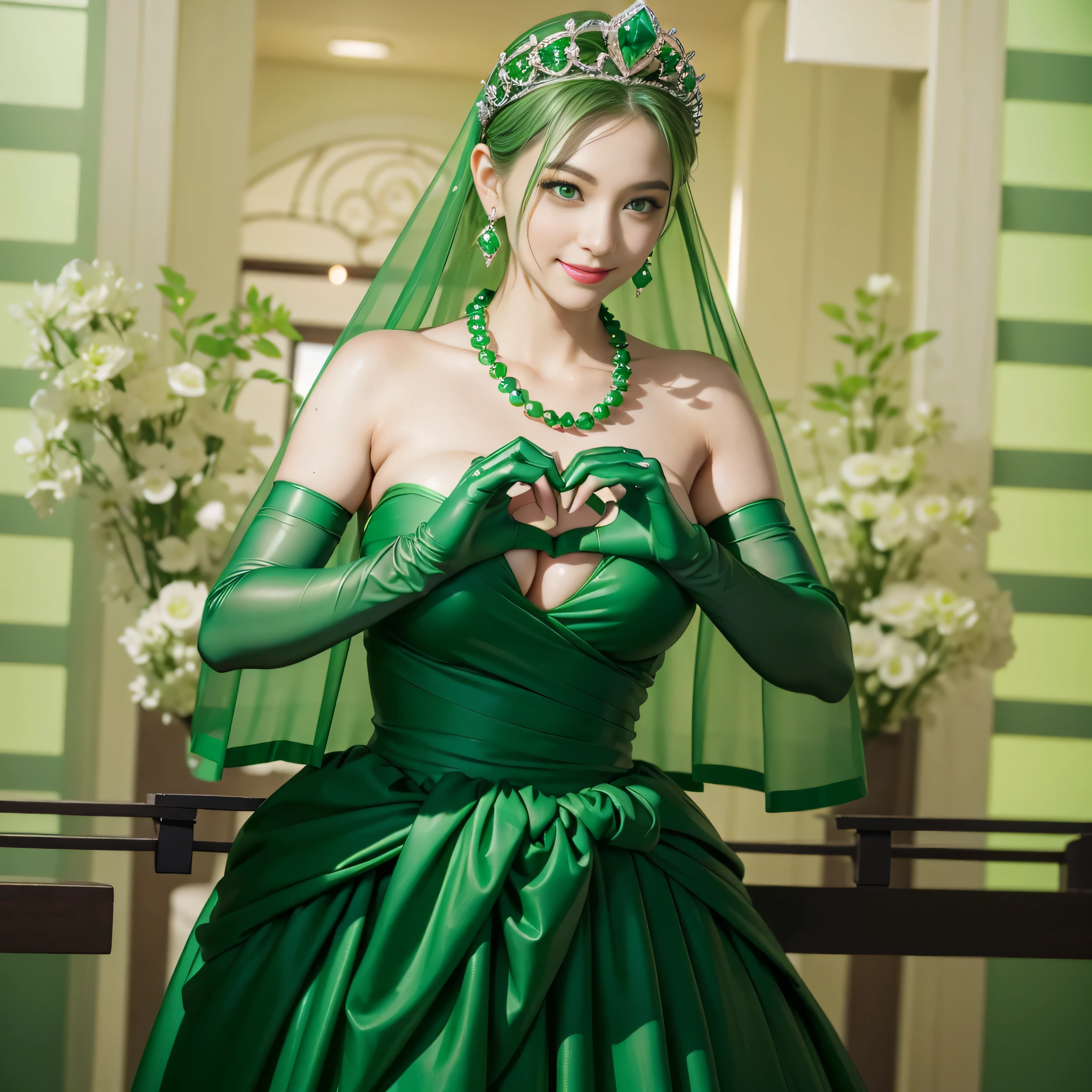 emerald tiara, Green Pearl Necklace, ボーイッシュな非常に短いgreen hair, green lips, smiling Japanese woman, very short hair, Beautiful woman with big breasts, green eyes, green satin long gloves, green eyes, emerald earrings, Green veil, Heart with both hands, green hair, beautiful japanese woman, heart shaped hands:1.3, green lip gloss