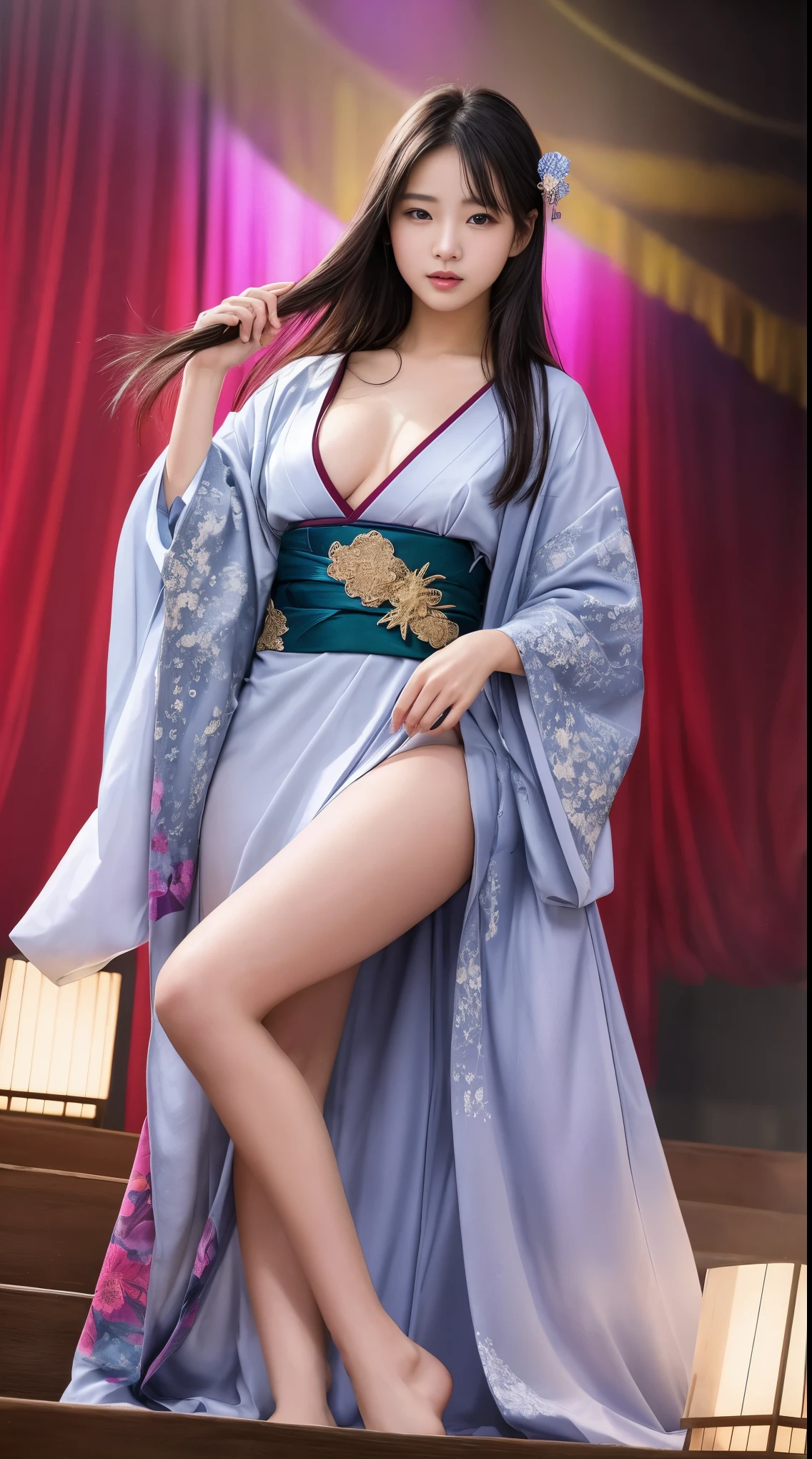 最high quality、high quality、Luxurious quality、Exceptional quality、wonderful品質、shining quality、premium quality、masterpiece、prime grade、level、first class、elite grade、high end、transcendental、cannot be compared、premium class、wonderful、best image quality、8k、最High resolution、High resolution、Rich shades、crystal clear、realistic images、perfect details、Image without defects、clear image、wonderful表示、bright colors、deep contrast、high fidelity、amazing clarity、optimal performance、perfect image、naturalism、Persuasive、Close to reality、Realistic human body in every detail、Realistic skin in every detail、Realistic face in every detail、Realistic eyes in every detail、Realistic lips in every detail、Realistic teeth in every detail、Realistic ears down to the last detail、Realistic hair down to the last detail、Realistic arms down to the last detail、Realistic reproduction of every detail、Realistic fingers in every detail、(fine hands、thumb1reference4)、Realistic feet in every detail、((beautiful japanese girl))、(日本人model)、((18 year old beautiful girl))、(black hair)、(straight hair)、((whole body))、((Upward beautiful breasts、Medium chest))、(slim style、slender style)、(whole body光沢肌、Fair skin)、Detailed and realistic human body、detailed realistic skin、detailed realistic face、detailed realistic arms、detailed realistic fingers、Detailed realistic feet、professional lighting、((big stage venue(on stage))、((gorgeous fashion venue(on stage))、(model)、((ファッションmodel))、((colorful transparent sheer(Kimono-style creative dress with slits))、(((on stage(プロのmodelとしてのポーズ)))、((whole body映像))、angle from below、(Lots of galleries)