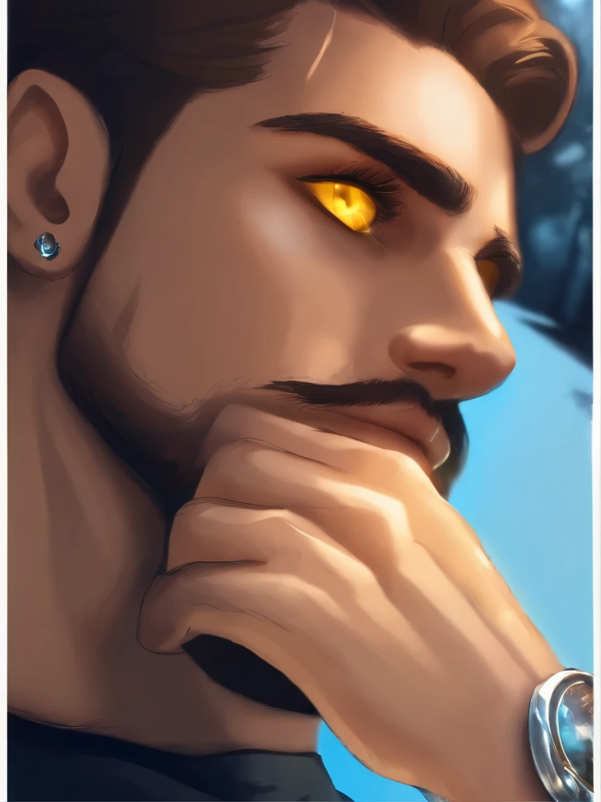 there is a man with a beard and a blue shirt, his eyes glowing yellow, bright piercing brown eyes, he has yellow wolf eyes, glowing yellow eyes, sleek yellow eyes, yellow eyes, with glowing yellow eyes, piercing glowing eyes, piercing brown eyes, blue symmetric eyes 24yo, eyes are yellow, his eyes look wise