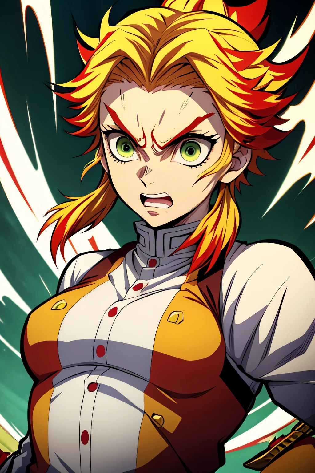 White young woman, Yellow hair with red details in her hair, Medium hair, Green eyes, Angry face, Linda, Sword, demon slayer uniform, show teeth, red highlights in hair,