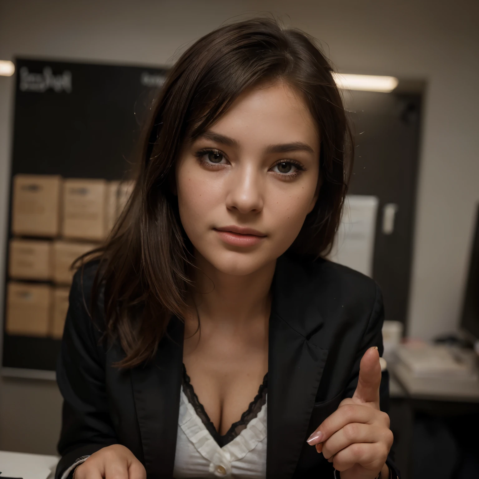 Top Quality, Masterpiece, 1 Girl, Beautiful Face, (Photorealistic Picture:1.3), Rim Lighting, (High Detail Skin:1.2), 8K UHD, DSLR, High Quality, High Resolution, 4K, 8K, Bokeh, Absurdity, Best Ratio Four Fingers and One Thumb, (Real:1.3), Small Face, Cute One Girl, Black Formal Blazer, Middle Breast, Short Skirt,Office
