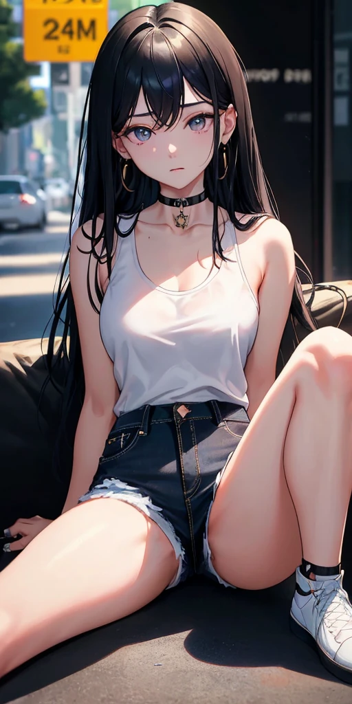 (Master piece), 1girl, long black hair, black eyes, glow eyes, unkind face, very detail face, Wearing a black plaid shirt inside a white tank top, blue short jeans shredded, white shoes, left ear earring, ring tatoo, full body, sit at cafe, 4k, 8k, ultra detail.