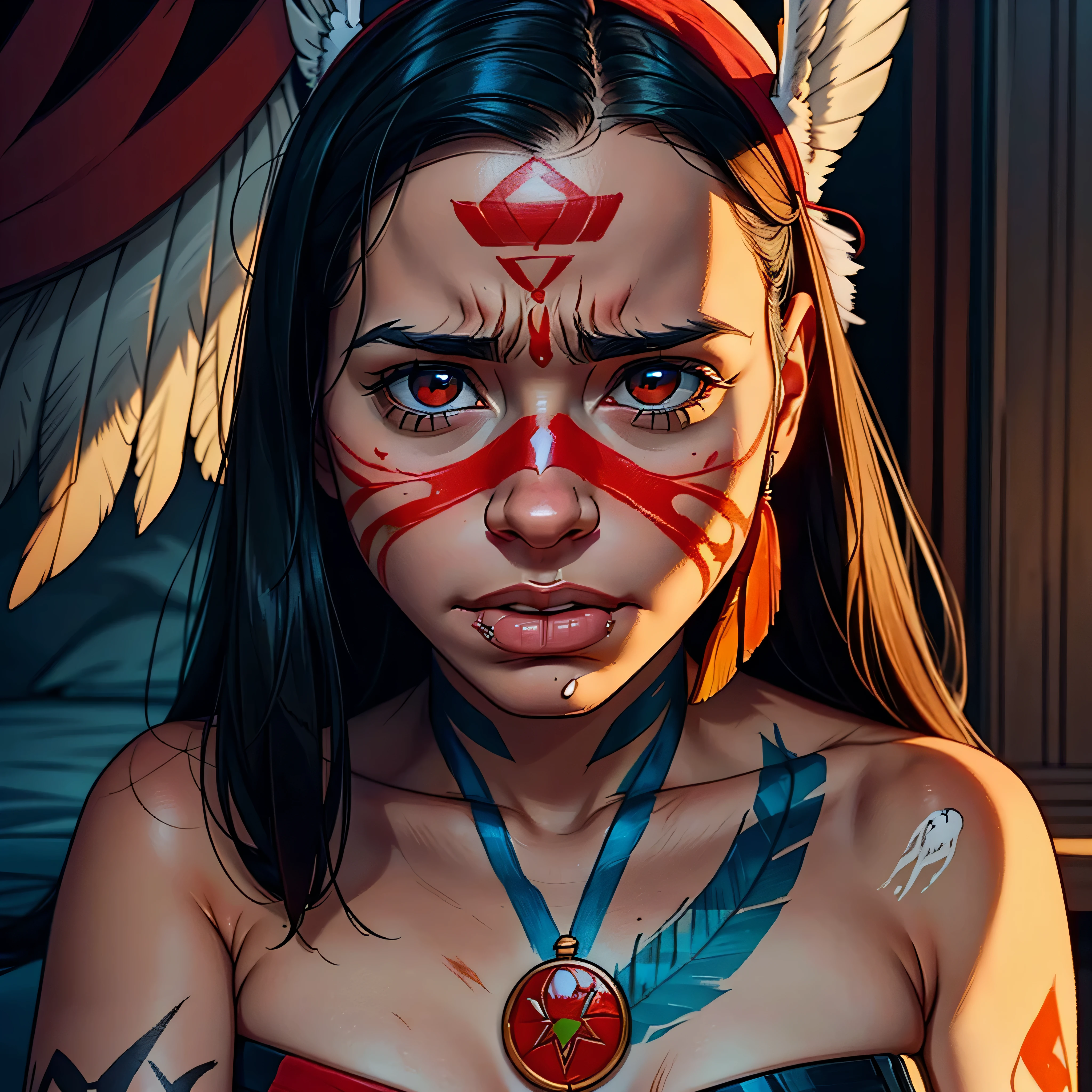 woman with red-hand painted face and hat with a eagle, photo from a spectator, human face with bright red epiceyes, indigenous, ( greg rutkowski ), redhand paint on face, highlight, warrior face painting_red_hand_on_Face, haida, manifestation, photo of young woman, pained expression, absolutely outstanding image, bite her lip,