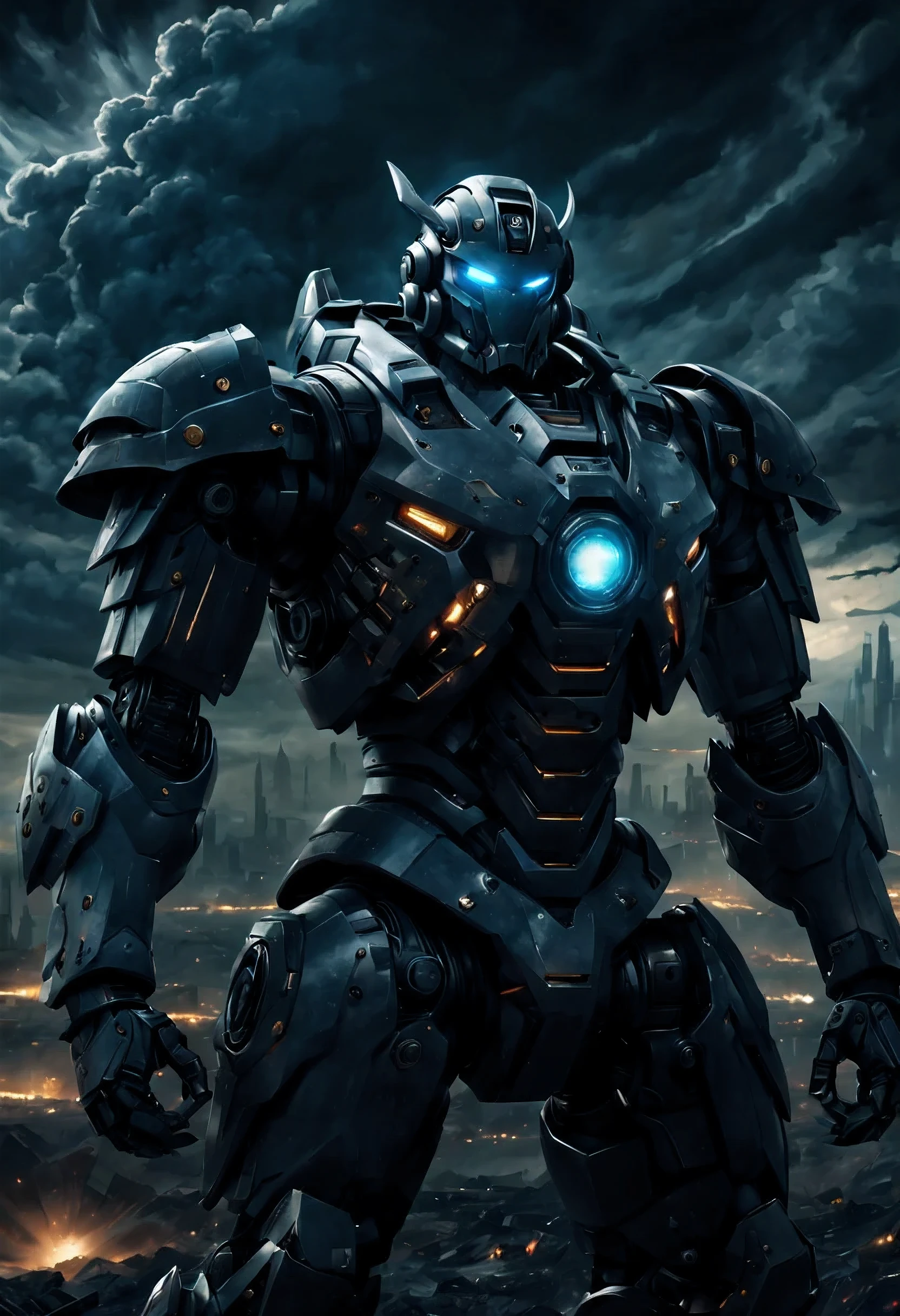 Heroes from another world, Mecha, 1 person,Mechaa, warrior, Permanently installed, whole body, Close-up of hero's appearance, glowing eyes, night, dark clouds, dream world,texture, light and shadow, Sense of space, (best quality, masterpiece, epic picture: 1.1)