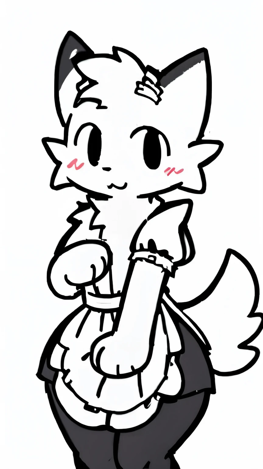White fur, cat, anthro, furry, solo, simple art ,male chest,thin, hands behind on chest, maid outfit, cute,( wide hips:1.2) , maid dress ,