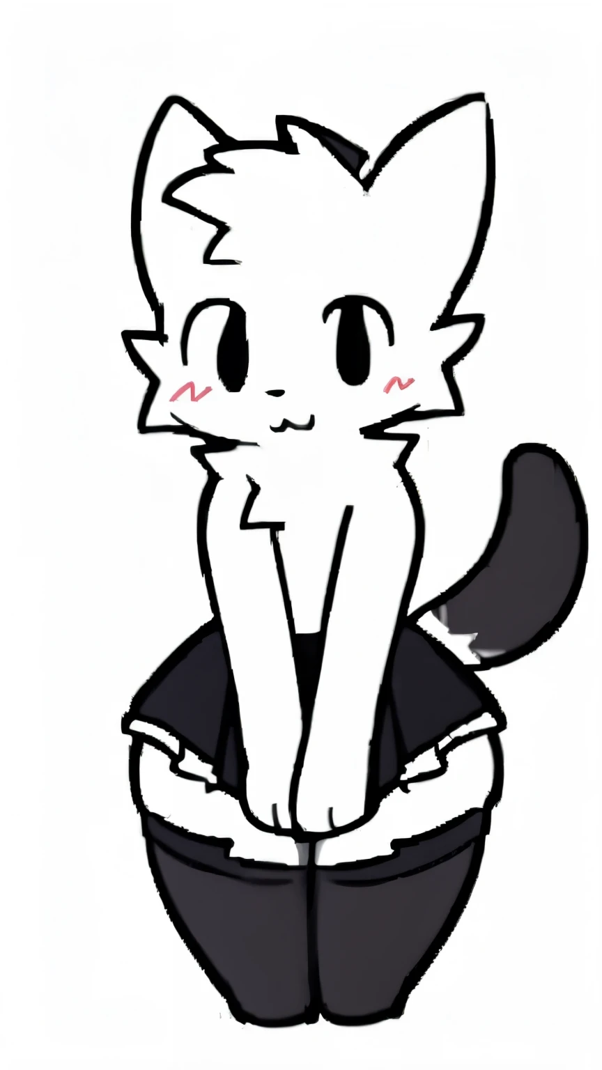 White fur, cat, anthro, furry, solo, simple art ,male chest,thin, hands behind on chest, maid outfit, cute,( wide hips:1.2) , maid dress