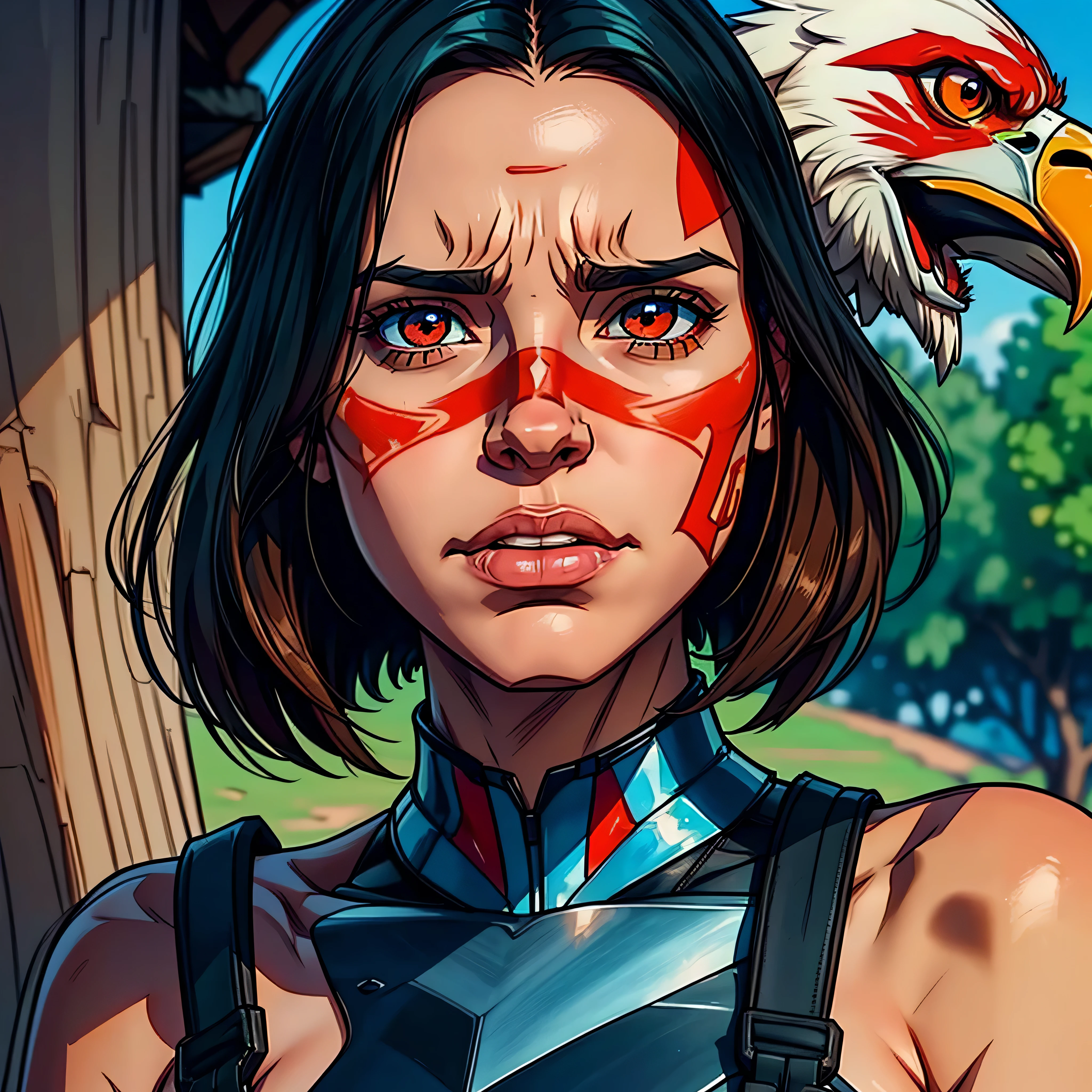 woman with red-hand painted face and hat with a eagle, photo from a spectator, human face with bright red epiceyes, indigenous, ( greg rutkowski ), redhand paint on face, highlight, warrior face painting_red_hand_on_Face, haida, manifestation, photo of young woman, pained expression, absolutely outstanding image, bite her lip,  varied multi etc. --v6 --s1000 --c20 --q5 --chaos100