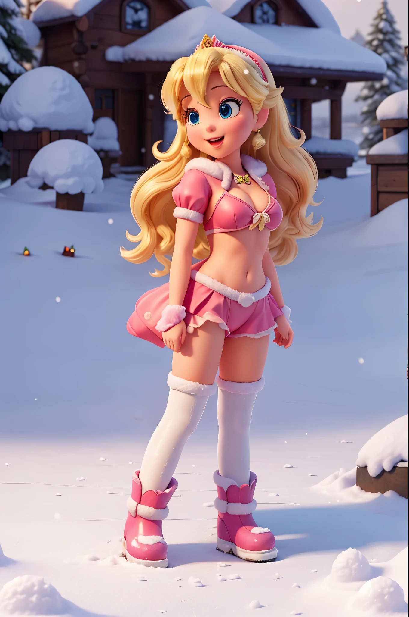 ,princess peach,only snow boots, in the snow,pussy anus,nude,crotch view,on ground,open legs,looking the viewer,christmas,legwear,orgasm