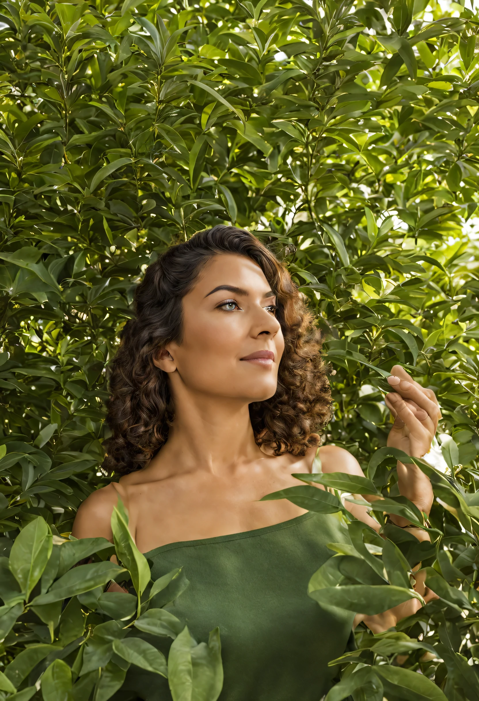 uma mulher com 35 a 44 anos de idade brasileira limpa, pele radiante, cercado por folhas de tea tree, with ambient lighting, with extremely natural cores, with a solid foundation, tirado de um iPhone X, f/11, ISO 100