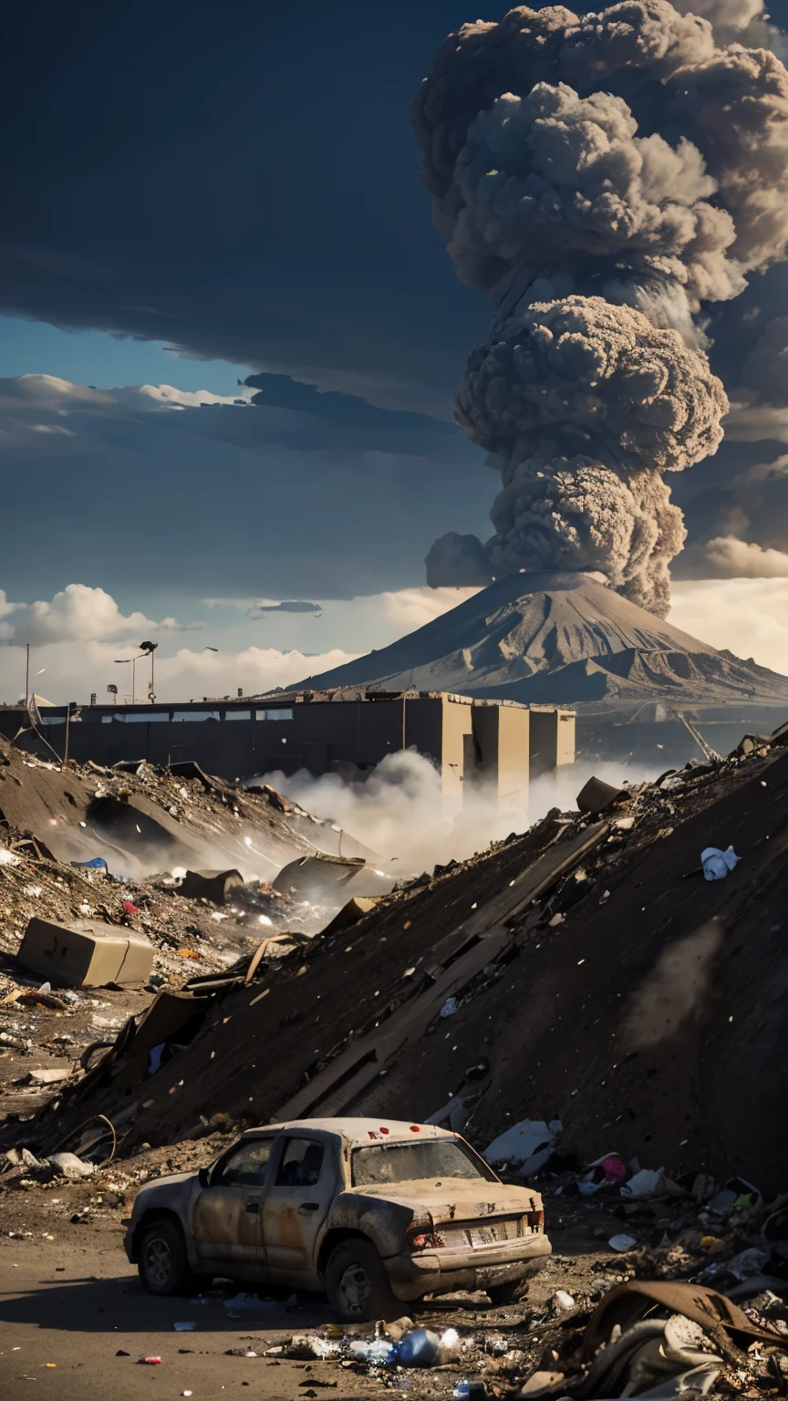 Eruption of the mountain. Fuji,Flying sand and rocks,Smoke billowed out,The fire burst into the sky,Large quantities of molten slurry,The village collapsed,Purgatory on earth,There are white bones everywhere,Bodies are strewn across the field,Tattered,Abandoned and dilapidated homes are everywhere(((Snow-capped volcano)))The ancient city of Rome (Very detailed giant volcano)Ancient Rome,Giant baths,Multiple layers of high-temperature volcanic ash, (Extreme nights), Some clouds in the night sky,(((The volcano bursts))