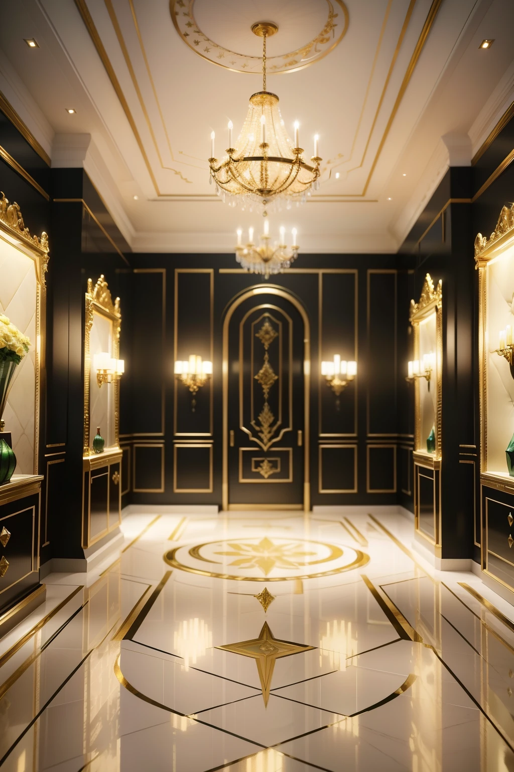 Jewelry store space design,High-end luxury décor,Center symmetrical composition,Green and gold are the main colors,Soft light effects,Cinematic lighting,a light luxury style,GUCCI,LV3D renderings