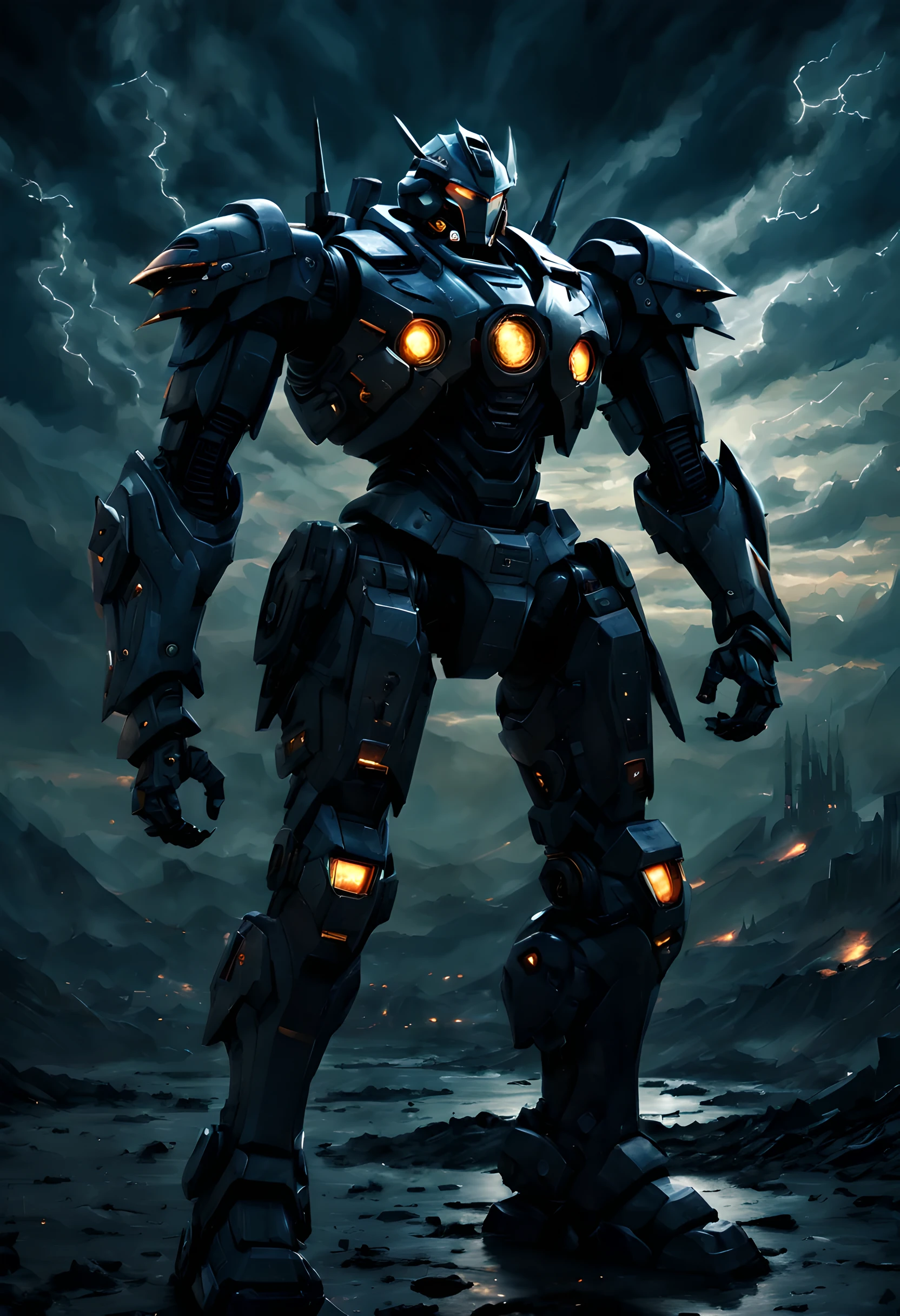 Heroes from another world, Mecha, 1 person,Mechaa, warrior, Permanently installed, whole body, Close-up of hero&#39;s appearance, glowing eyes, night, dark clouds, dream world,texture, light and shadow, Sense of space, (best quality, masterpiece, epic picture: 1.1)