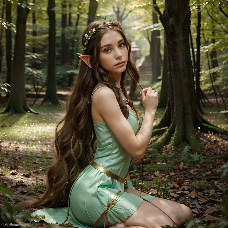 Create an image of a beautiful elf in an enchanted forest setting. She should have delicate, graceful features, pointed ears and long, elegant hair. She should wear elegant, light clothing in harmony with nature, such as a dress made of leaves or flowers. She may have accessories such as a bow and arrow or a magic wand. The image should exude an aura of mystery and beauty..,