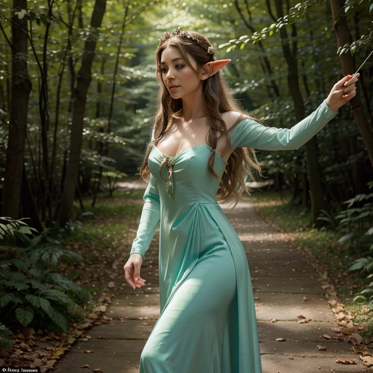 Create an image of a beautiful elf in an enchanted forest setting. She should have delicate, graceful features, pointed ears and long, elegant hair. She should wear elegant, light clothing in harmony with nature, such as a dress made of leaves or flowers. She may have accessories such as a bow and arrow or a magic wand. The image should exude an aura of mystery and beauty..,