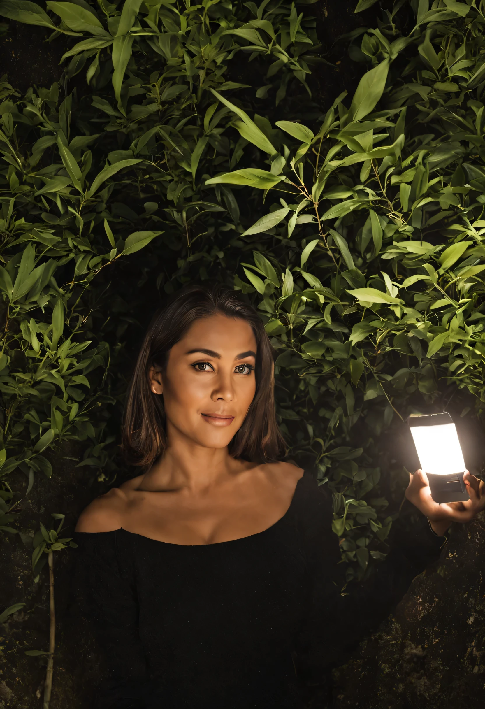 uma mulher com 35 a 44 anos de idade brasileira limpa, pele radiante, cercado por folhas de tea tree, with ambient lighting, with extremely natural cores, with a solid foundation, tirado de um iPhone X, f/11, ISO 100, eyes black