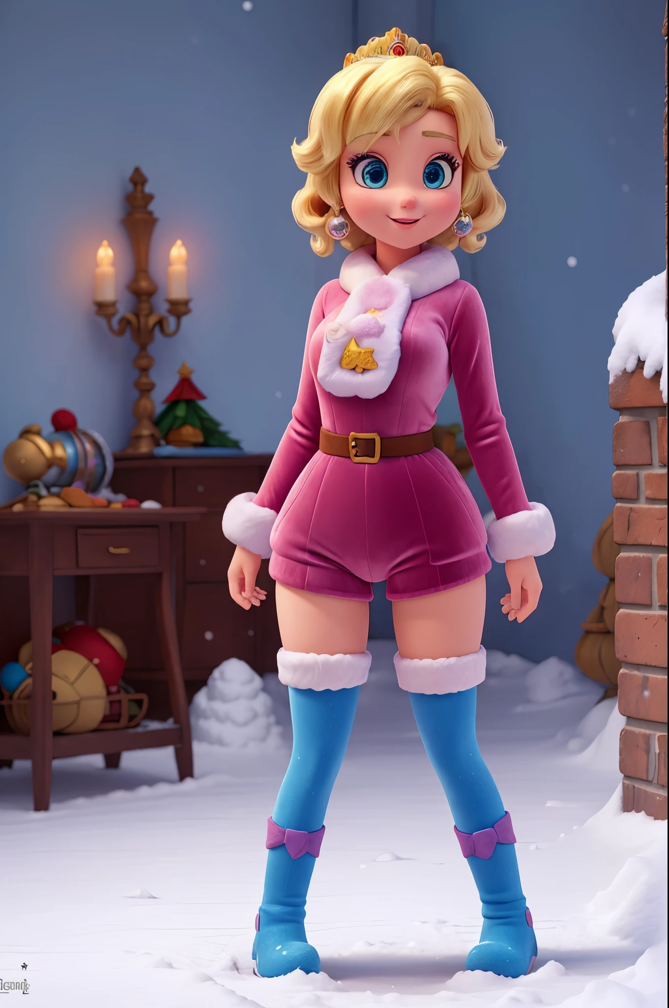 ,princess peach,snow boots, in the snow,tight velvet clothing,crotch view,standing,open legs,looking the viewer,team christmas,legwear,orgasm,thick thighs,bright blue eyes,short hair
