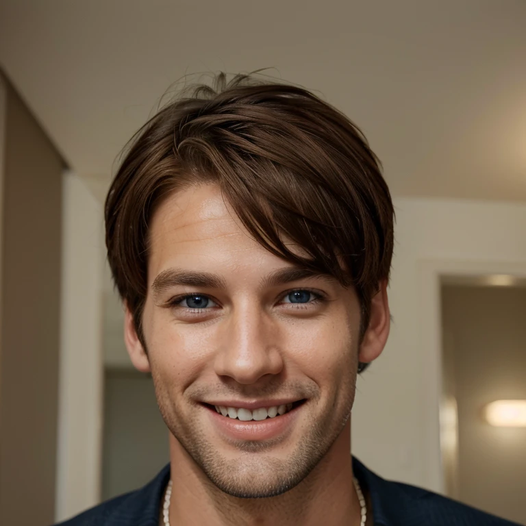 man in his thirties
brown hair and blue eyes
he's quite tall and has a bright smile on his lips
