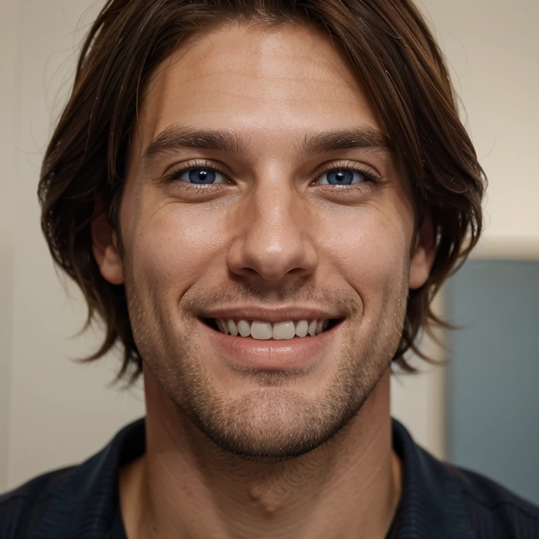 man in his thirties
brown hair and blue eyes
he's quite tall and has a bright smile on his lips