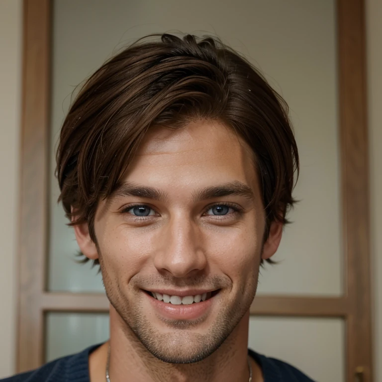 man in his thirties
brown hair and blue eyes
he's quite tall and has a bright smile on his lips