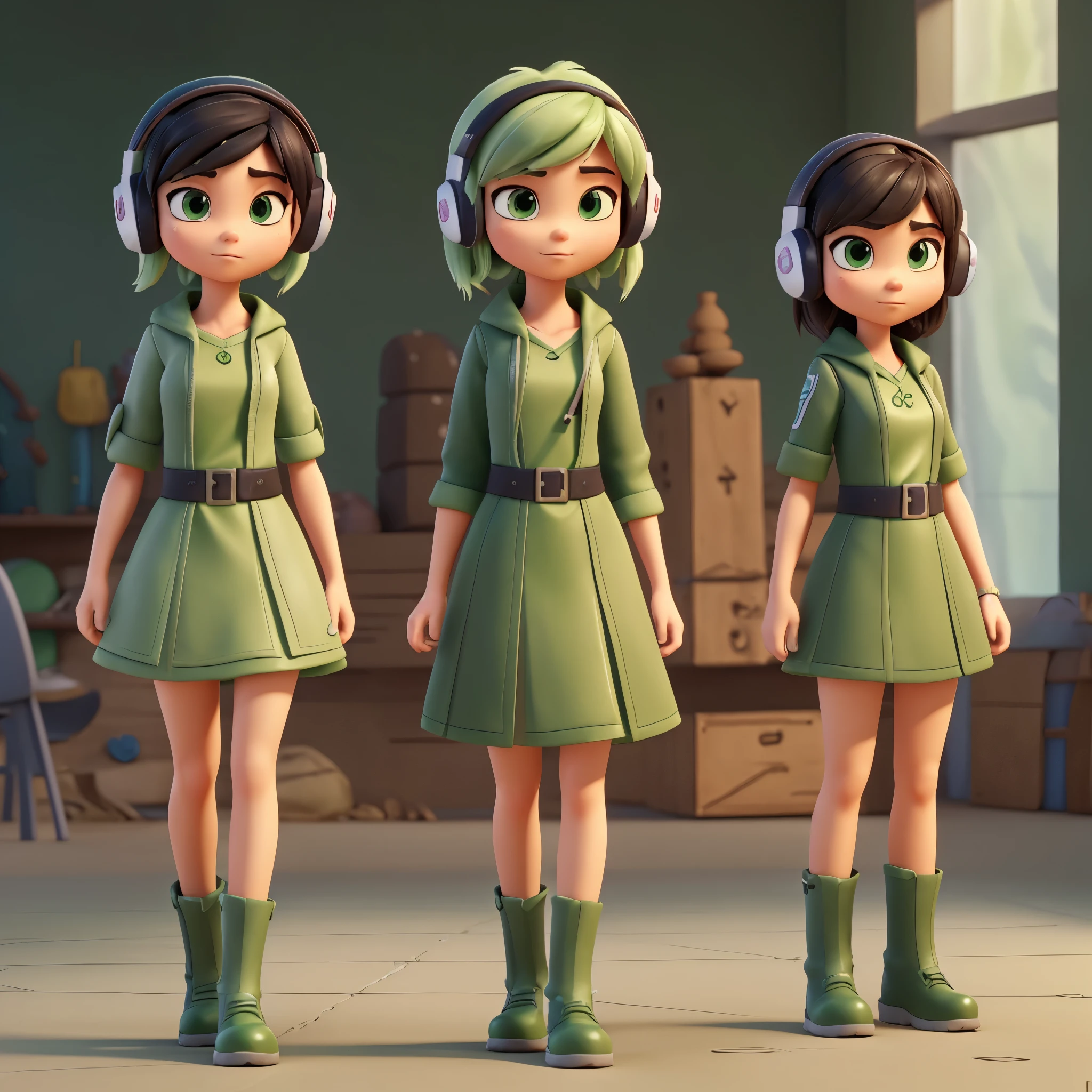combat game characters、18歳の戦闘女性のcartoon charactersは、（cyber punk）,(((headphone)))，pastel green bob cut hair、(((A large, baggy, dark green dress that looks like a battle uniform.)))、((super large intricate boots))、(((full body shot)))、（frontal shot）、 cartoon characters, Stylized characters, Animation stylized rendering, Stylized 3D, Arnold Maya rendering , 3D stylized rendering, toon render keyshot, 3D character, Stylized 3Dレンダリング, cartoon characters、 cartoon characters, cartoon characters, （Pixar Style） （Masterpiece： 1. 2) (Bokeh) (highest quality) (delicate skin) (detailed texture) (8k) (Clay) (background white) (sharp focus)
