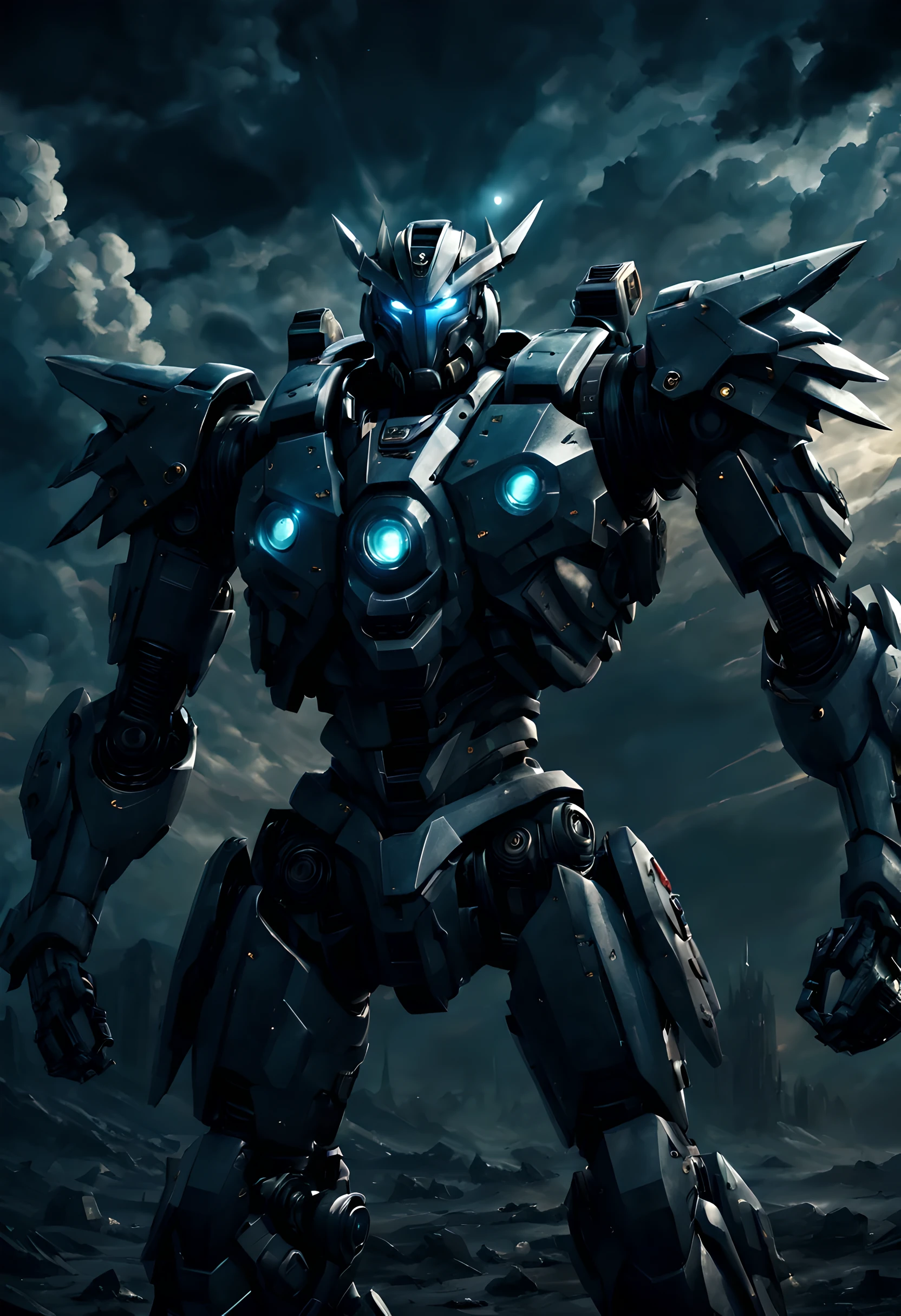 Heroes from another world, Mecha, Mechaa, warrior, Permanently installed, whole body, Close-up of hero&#39;s appearance, glowing eyes, night, dark clouds, texture, light and shadow, Sense of space, (best quality, masterpiece, epic picture: 1.1)