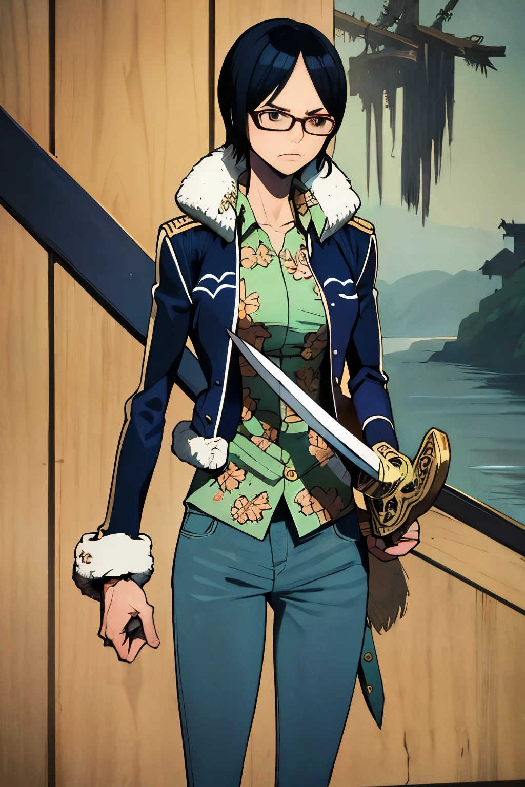 masterpiece, highest quality, Tashigi, short hair, Glasses, blue jacket, fur trim, green shirt, blue pants, Are standing, sword, knife, I furrowed my brow., dock, Ocean, hold a weapon, knife片手 