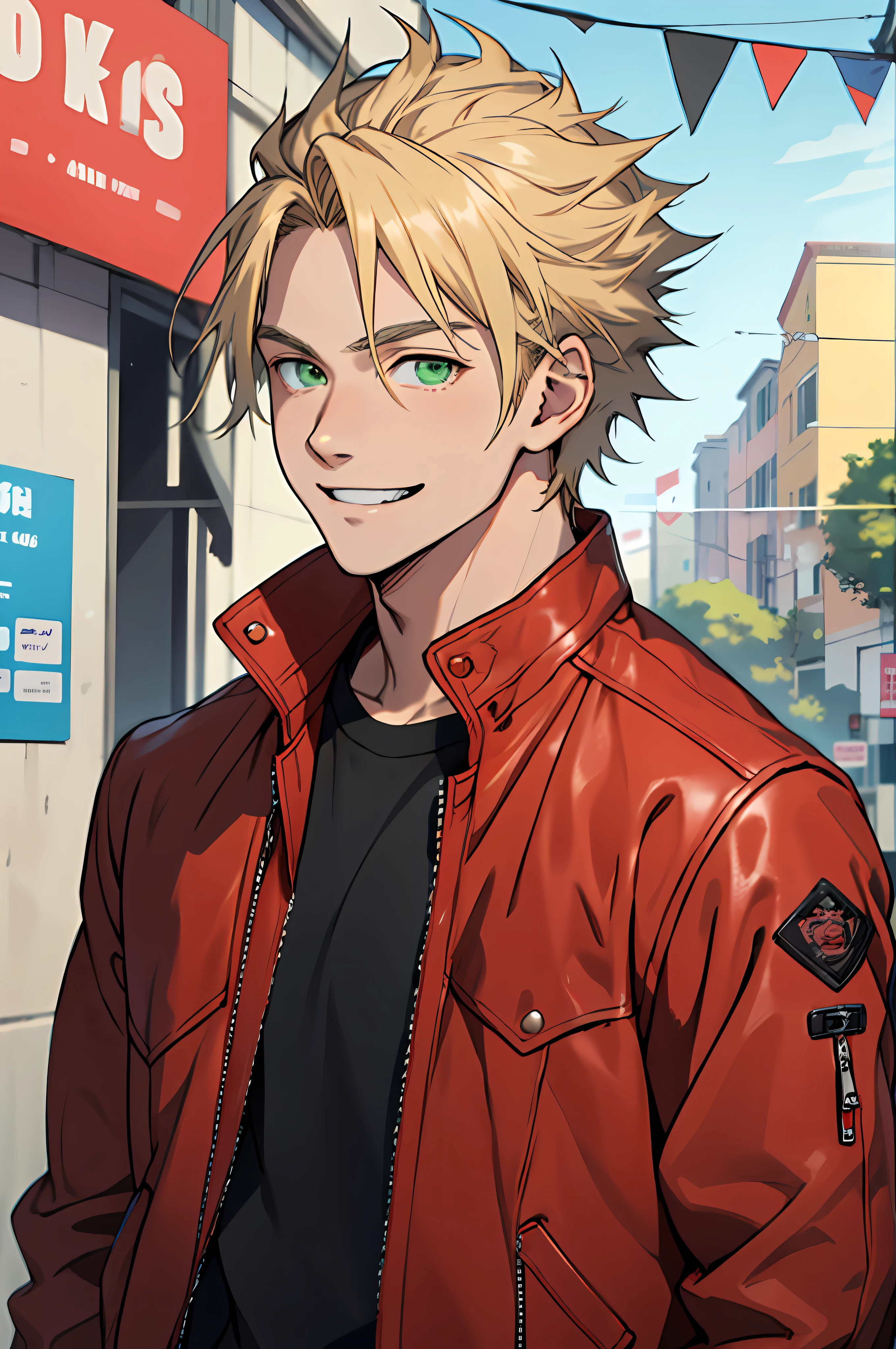 Um homem de 20 anos, cabelo loiro, olhos verdes, vestindo uma camiseta vermelha, jaqueta de couro preta, estilo anime, sorridente