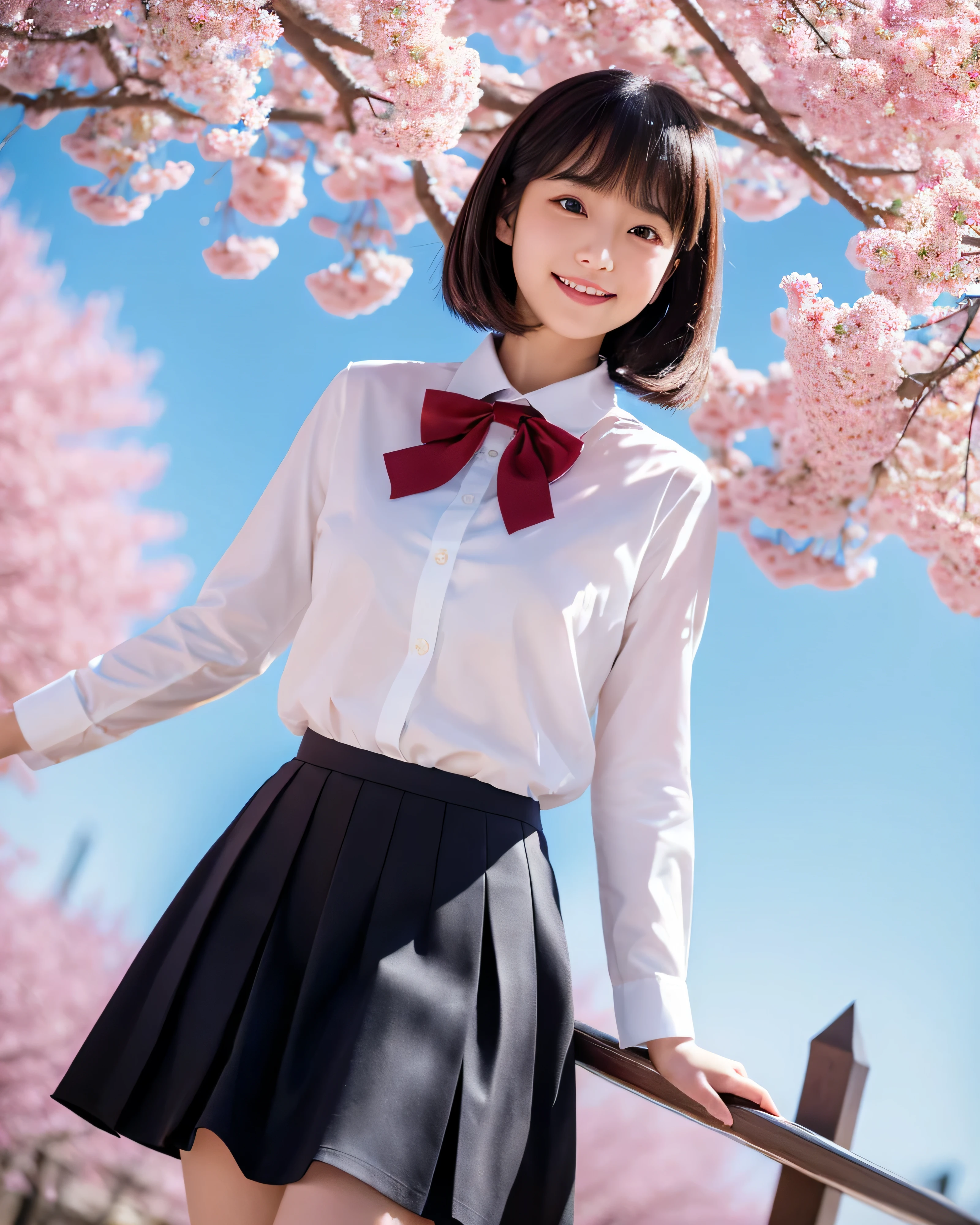 (high quality, 4k, 8k, High resolution, masterpiece:1.2), beautiful japanese high school girl, , glossy black hair, beautiful ponytail, asymmetrical bangs, big magic eyes, High resolutionの潤んだ瞳, smooth soft skin, pale pink lips, natural makeup, fleeting smile, sailor suit, red bow tie, navy pleated skirt, brown leather shoes, High resolutionの美しい太もも, (whole body:1.3), sunlight, Cherry tree, blue sky, professional lighting, professional photographer, Low - Angle