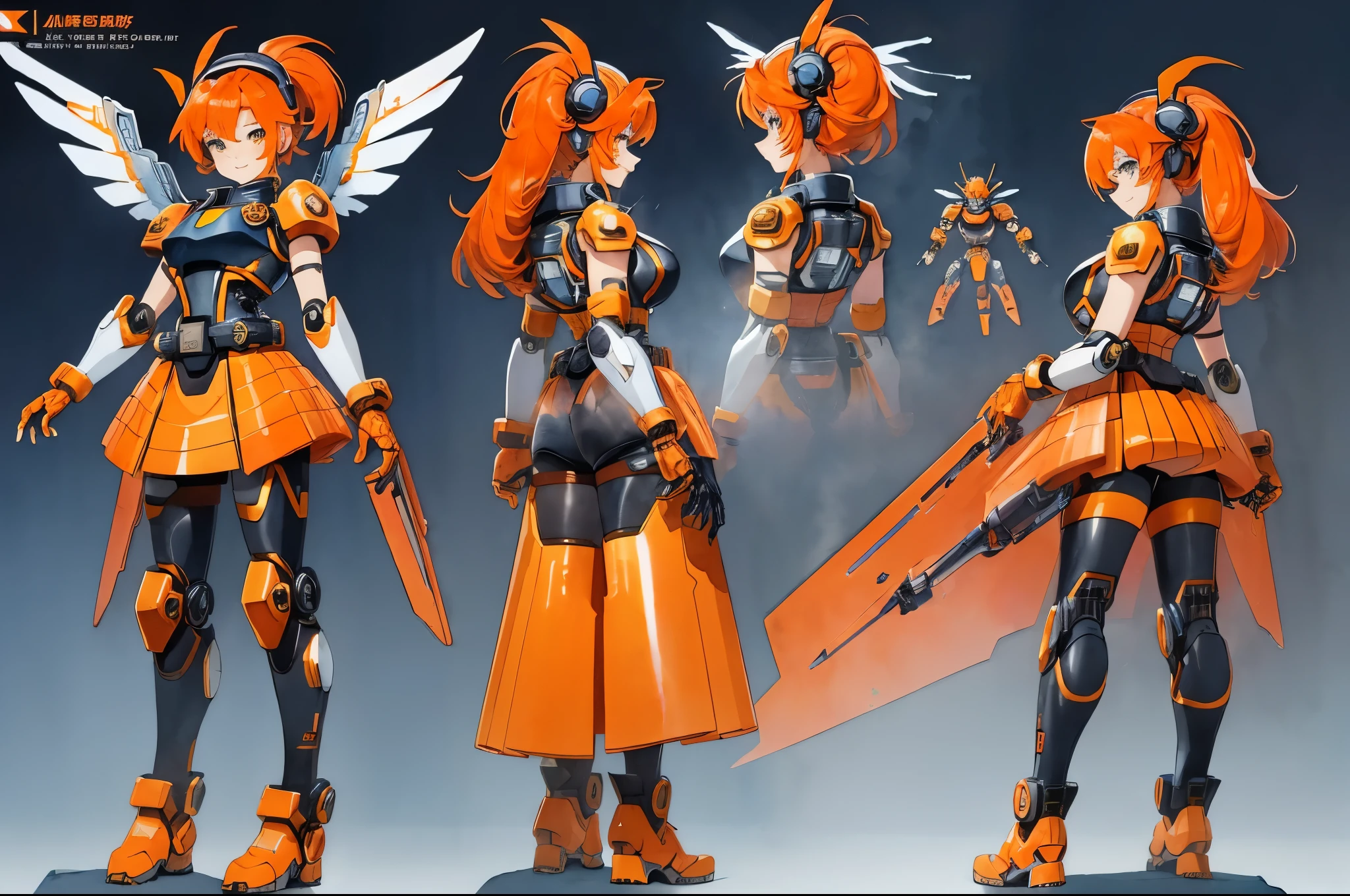 Orange hair tufts, Heavily armored, gloves, skirt, heavy cybernetic boots, heavy cybernetic arms, heavy cybernetic torso, waist belt, ((MegamanX falcon armor)), long orange pony tail, aviator goggles, heavy thick orange hair, ((Metallic Orange skirt with vents)), ((large sleeveless trenchcoat)), Cerulean armor with Gold trim, ((((watercolor speedart illustration)))), jetpack, (((mechanical hologram wings))), volumetric lighting, extreme detail, embarrassed, bashful, smiling, blushing, large breast, large butt, mecha, android, reploid, (((Character design sheet multiple poses front side back))), ((Masterpiece, Highest quality)), Detailed face, CharacterDesignSheet, full bodyesbian, Full of details, Multiple poses and expressions, Highly detailed, Depth, Many parts, Multiple poses and expressions,