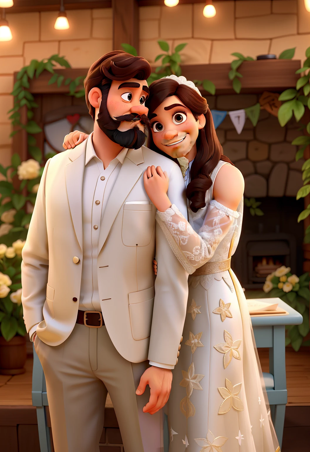 Homem de terno com barba e bigode e mulher de vestido de noiva, apaixonados, Disney pixar |