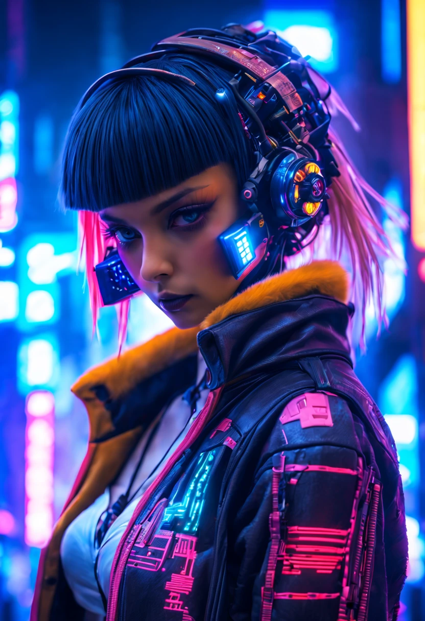 ((extremely delicate and beautiful cybernetic girl)), ((mechanical limb, blood vessels connected to tube, mechanical vertebrae)), ((mechanical cervical attaching to neck)), (wires and cables attaching to neck:1.2), ((mass of wires and cables on head)), ((wearing colorful Harajuku tech jacket with logos)), (character focuacing camera pose)), ((cowboy shot)), (masterpiece), (((best quality))), ((ultra-detailed)), (highly detailed photorealistic CG illustration), cinematic lighting, science fiction, extremely detailed,colorful,highest detail, (((cyberpunk city background, (Blade Runner), Harajuku district)))