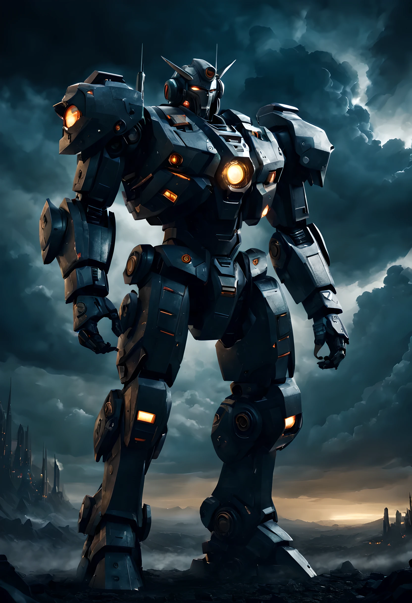 Heroes from another world, Mecha, Mechaa, warrior, Permanently installed, whole body, Close-up of hero's appearance, glowing eyes, night, dark clouds, texture, light and shadow, Sense of space, (best quality, masterpiece, epic picture: 1.1)