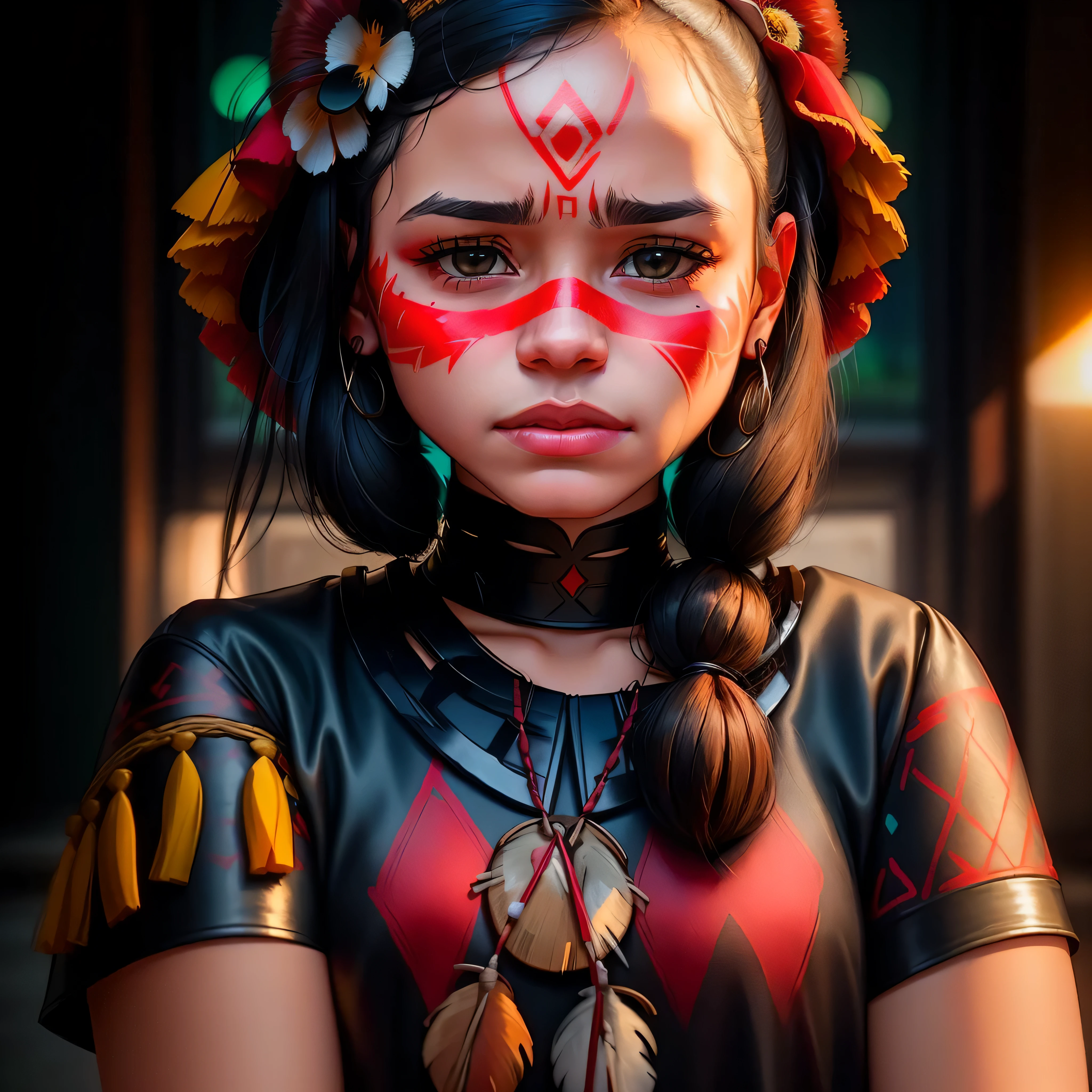 woman with red painted face and grey hat with a red face, photo from a spectator, human face with bright red yes, indigenous, ( greg rutkowski ), red lipstick on face, highlight, markings on her face, warrior face painting red, haida, red birthmark, manifestation, photo of young woman, pained expression, absolutely outstanding image, bite her lip