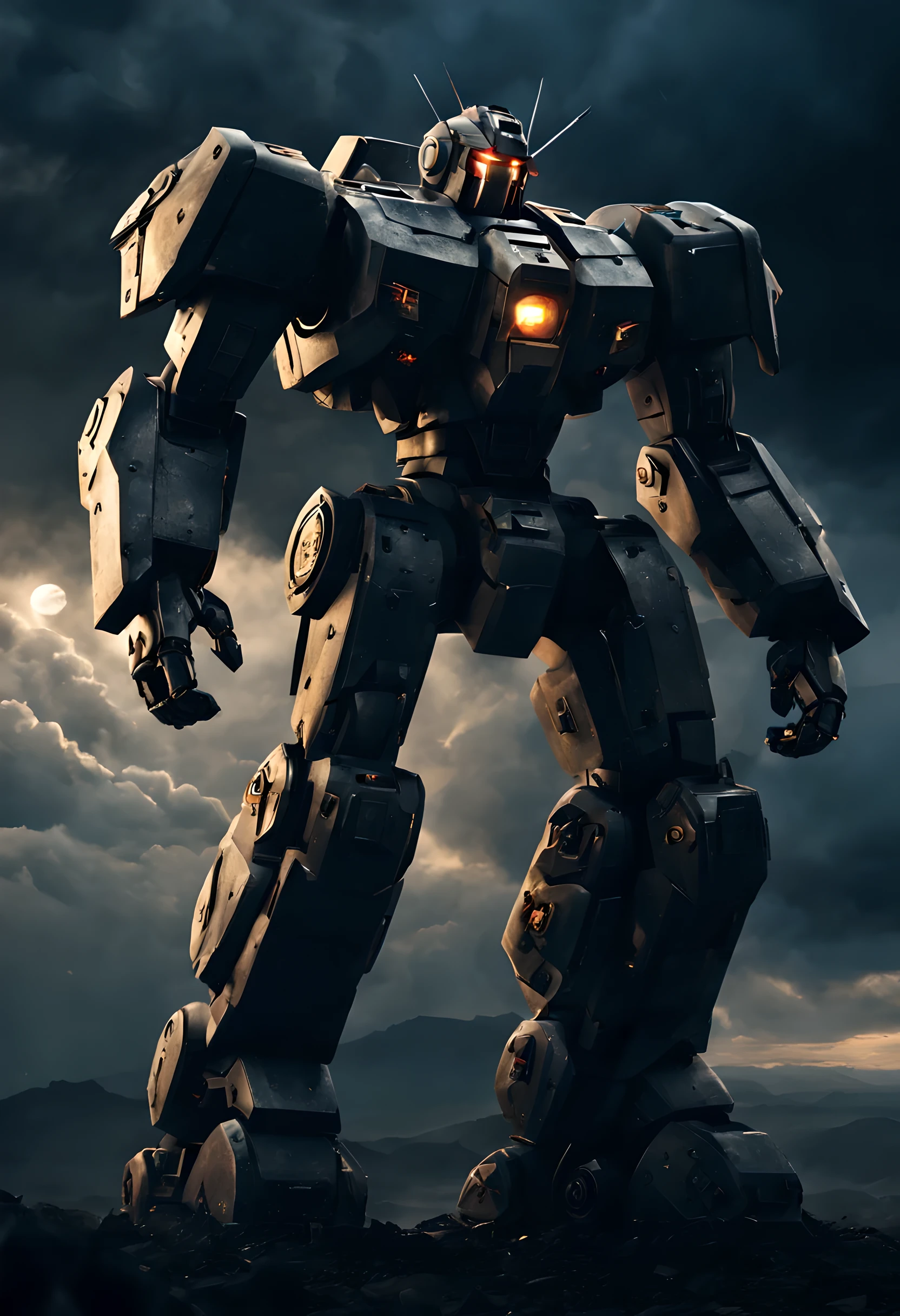 Heroes from another world, Mecha, Mechaa, warrior, Permanently installed, whole body, Close-up of hero's appearance, glowing eyes, night, dark clouds, texture, light and shadow, Sense of space, (best quality, masterpiece, epic picture: 1.1)