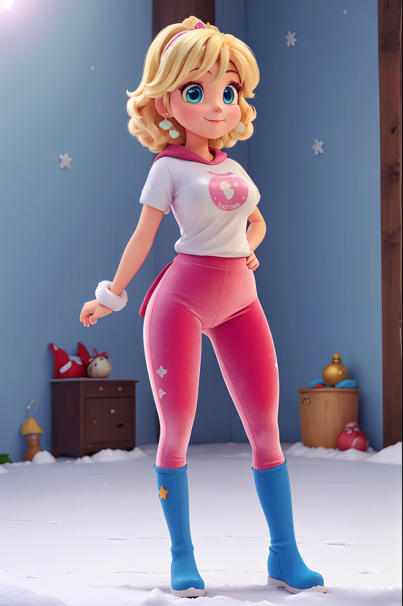 ,princess peach,snow boots, in the snow,yoga pants velvet,t-shirt velvet,crotch view,standing,open legs,looking the viewer,team christmas,orgasm,thick thighs,bright blue eyes,short hair